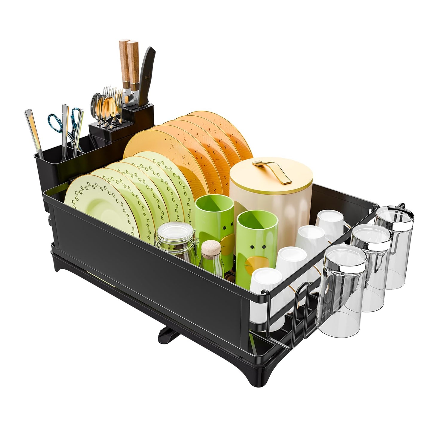Simple Trending Dish Drying Rack, Dish Drainer for Kitchen Counter, Dish Rack with Tray for Large Capacity, Black