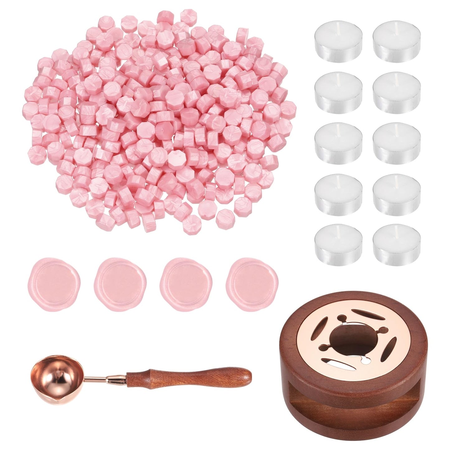 PATIKIL Wax Seal Kit, 300 Pcs Wax Sealing Beads, Wooden Warmer, Melted Spoon, 10 Pcs Tealight Candles for Envelope Letter Mailing Crafts DIY, Pearl Pink