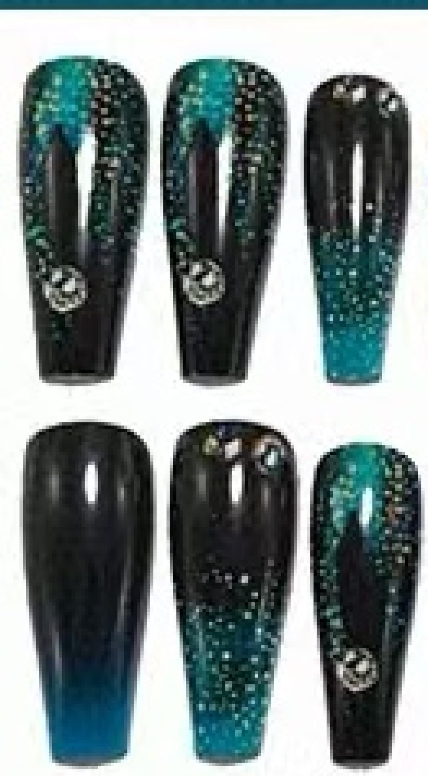 Chunmeng 24 pieces blue black gradient nail coffin, blue-green flowers with rhinestone glossy acrylic, suitable for women's daily gatherings