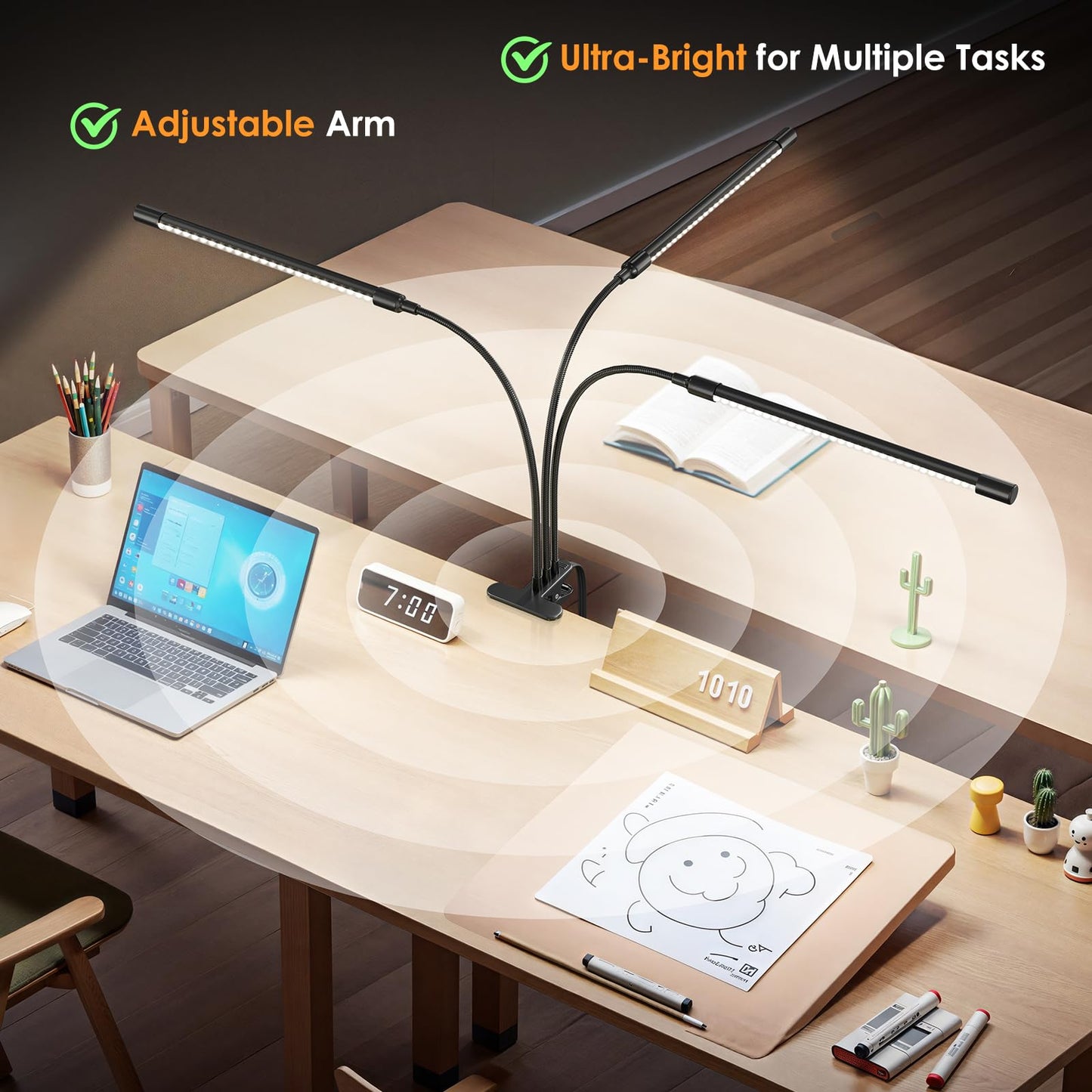 ShineTech LED Desk Lamp with Clamp, 3-Head Adjustable Gooseneck Task Lamps, Eye-Caring Stepless Dimming, 4 Color Modes, Memory & Auto-Off Timer, Clip On Desk Light for Home Office, Study, Reading