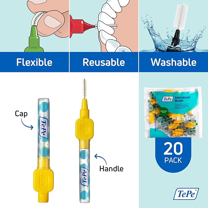 TePe Interdental Brush Original, Soft Dental Brush for Teeth Cleaning, Pack of 20, 0.7 mm, Medium Gaps, Yellow, Size 4