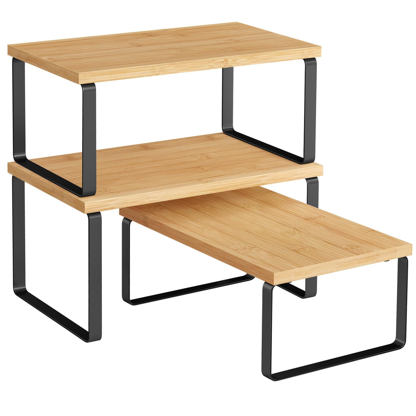 SONGMICS Cabinet Organizer Shelf, Set of 3 Kitchen Counter Shelves, Kitchen Storage, Spice Rack, Stackable, Expandable, Ink Black and Natural Beige UKCS014YL03