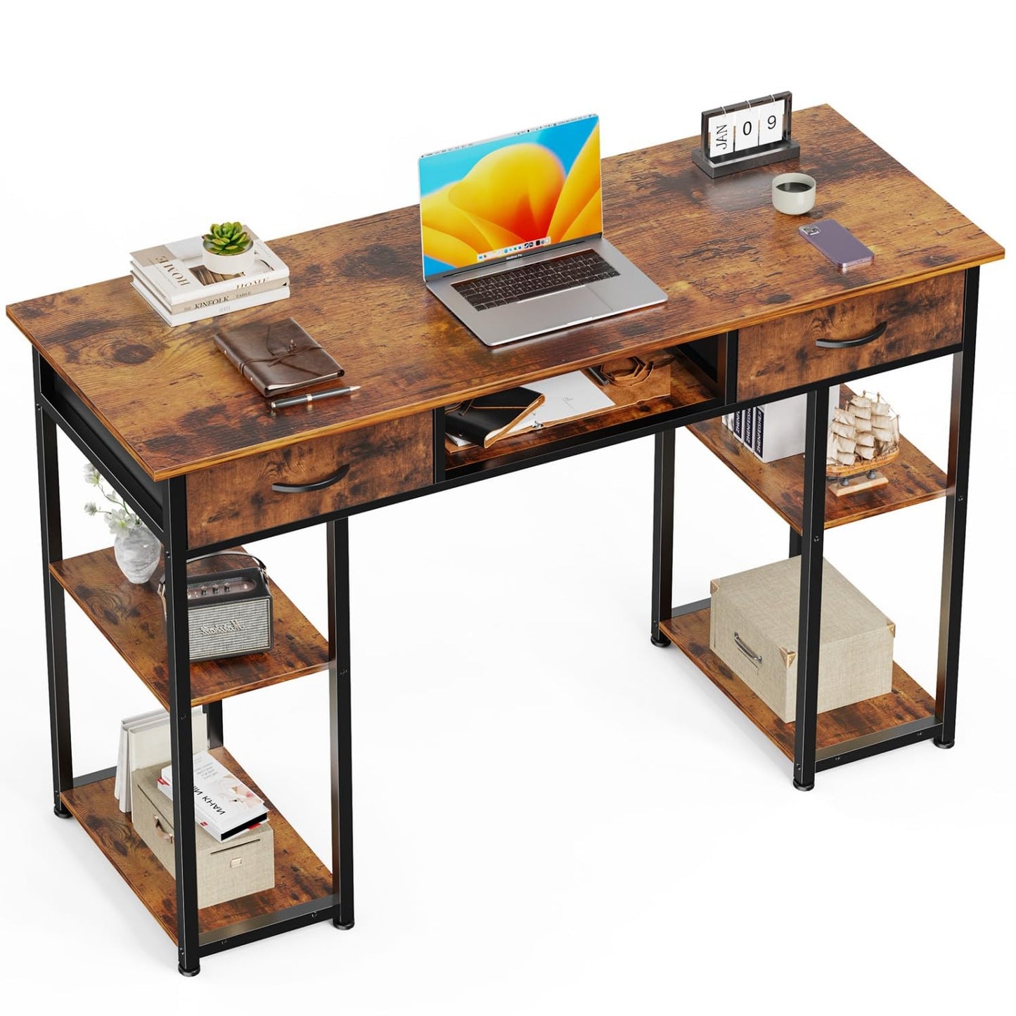 UOCFYK 47 Inch Computer Desk with 2 Drawers, Home Office Desk with Wooden Shelves, Study Writing PC Table for Small Spaces, Bedroom, Dorm or Living Room, Rust