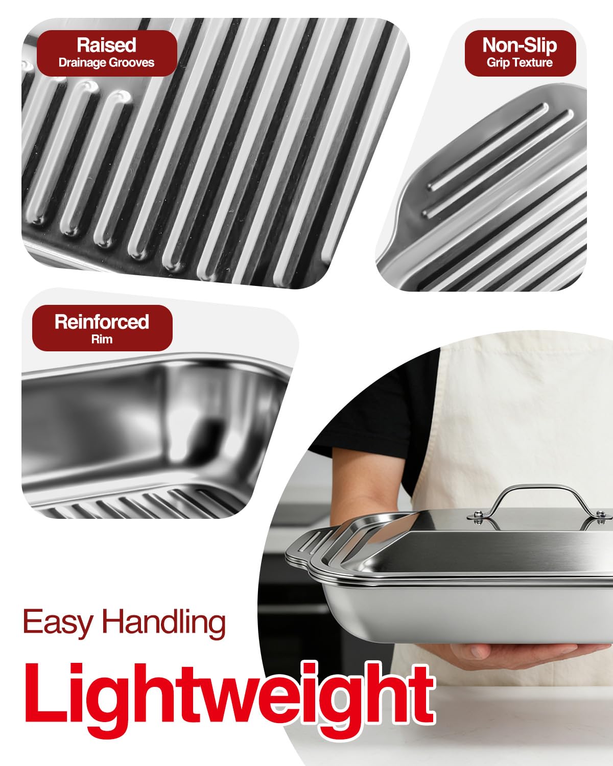 Ashwaves Grilling Prep and Serve Trays with Upgraded Lid, Stainless Steel Extra Large Grill Carry System, Deep Marinating Container with Cutting Board for BBQ Outdoor Grilling