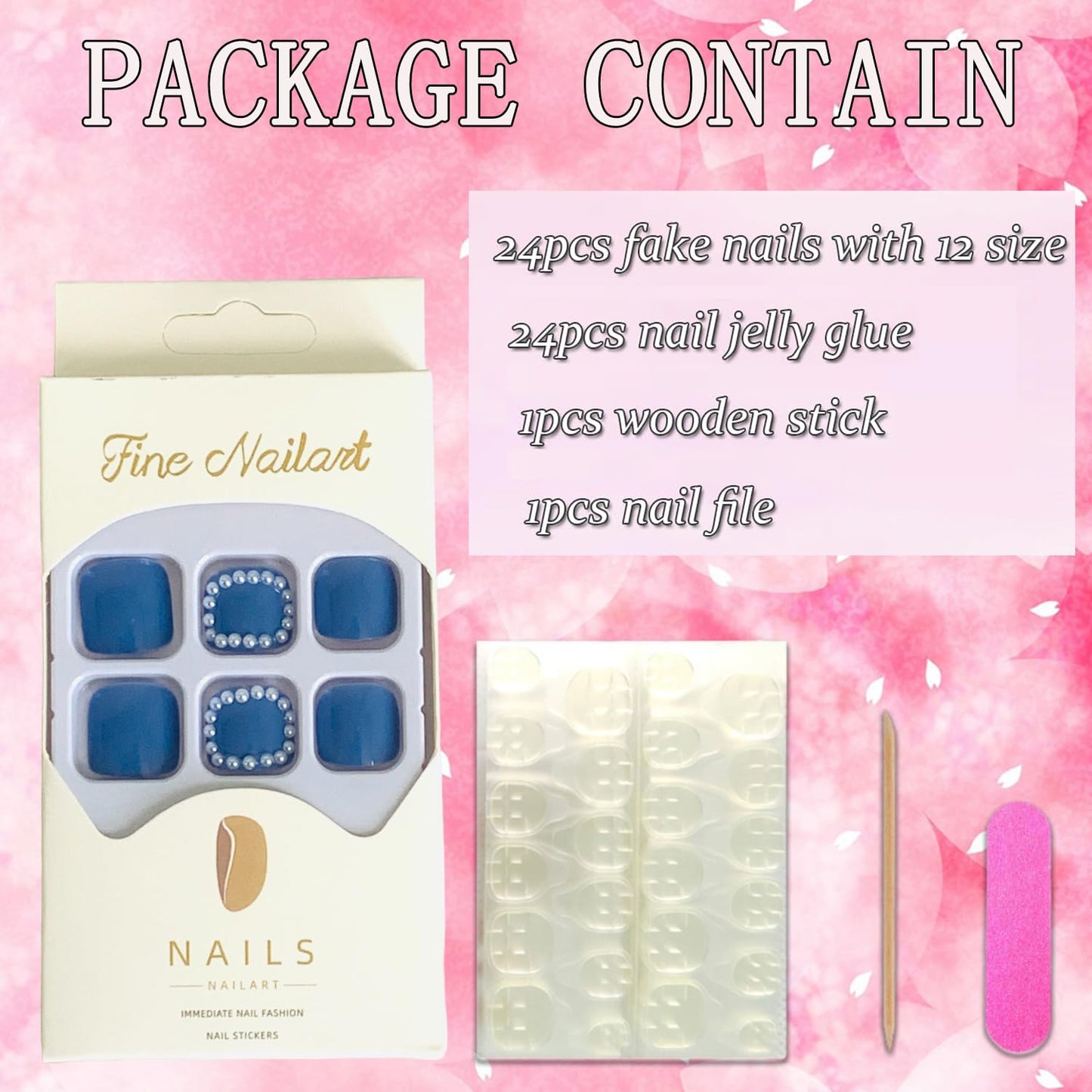 Vezocim Blue False Nails Sets, Press on Toenails Coffin with Pearl Designs, Full Cover Artificial Acrylic Fake Nails for Toe, Glue on Toenails with Charm, Stick on Toe Nails for Women