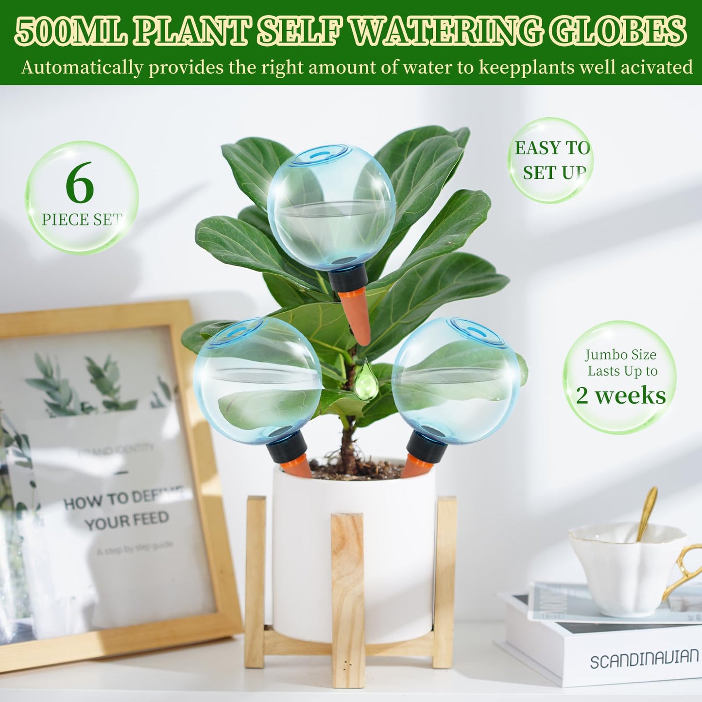 GEWOSI 6pcs Large Plant Self Watering Globes, 17.5 oz Plastic Water Bulbs Top Fill, Plant Watering Devices System Slow Release Terracotta, Water Spikes Stakes for Indoor(6pack)