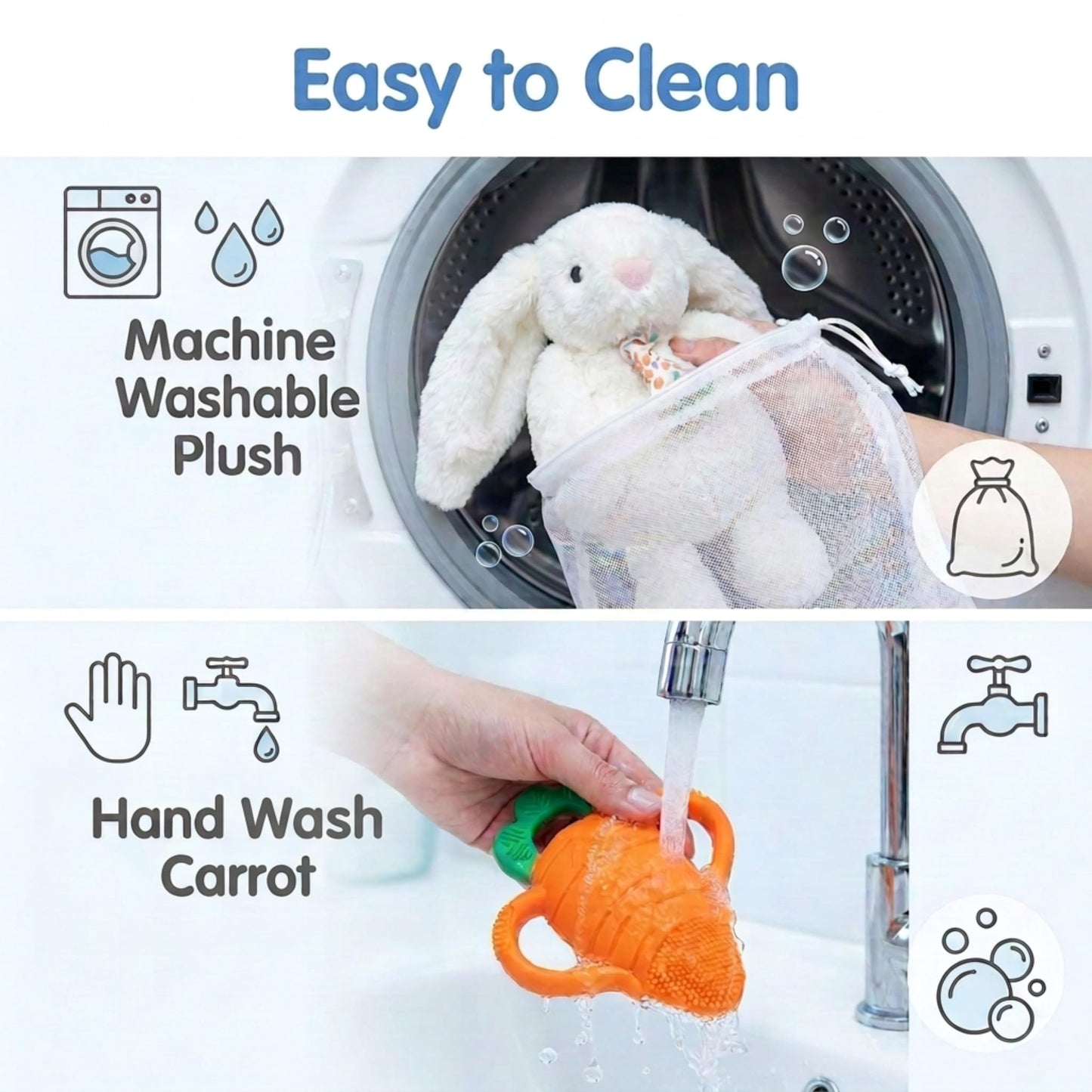 RaZbaby Bunny Snuggly w/Carrot Teething Relief Toy – Soothes Sore Gums w/Nature-Inspired Texture, 100% BPA-Free Silicone Teether, Soft Minky Stuffed Animal – All Ages