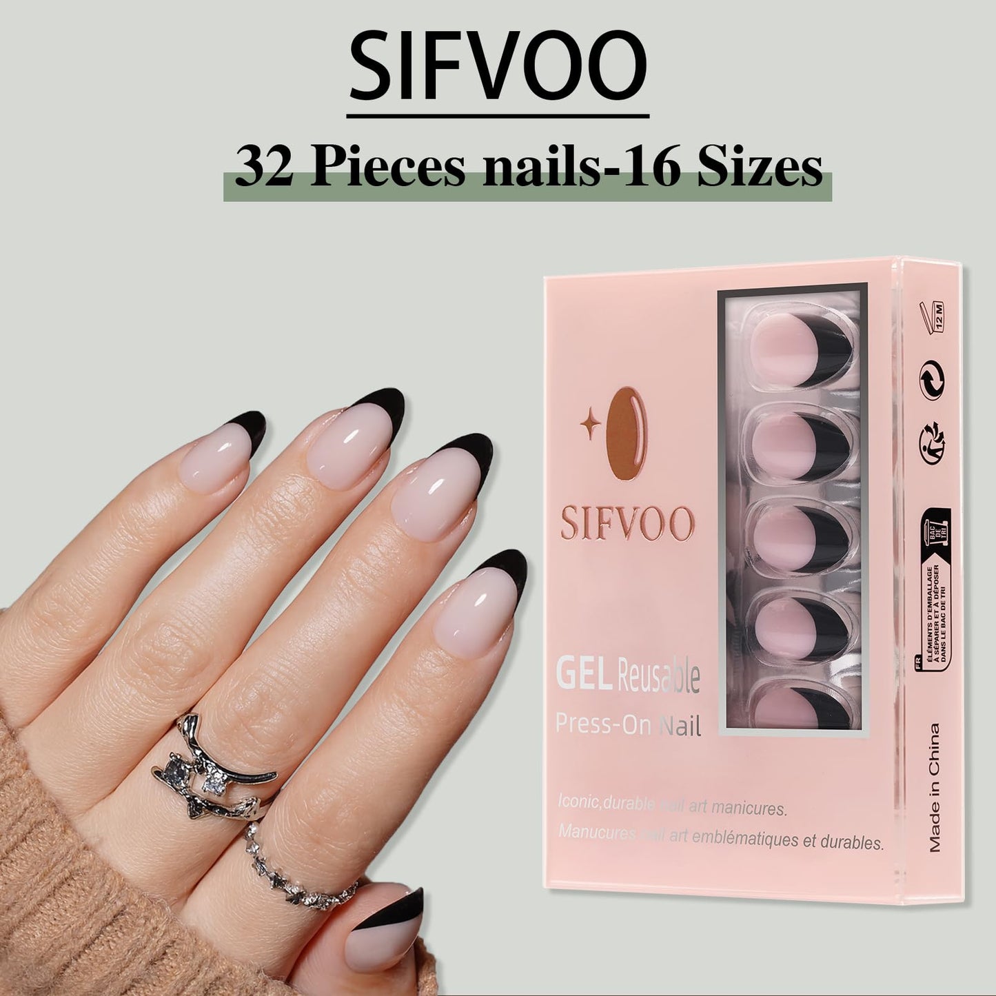 Sifvoo Black French Tip Press On Nails Short Almond, Glossy Reusable Press On Nails for Women, 32 Count 16 Sizes Nail Kit with Glue (SV-02)