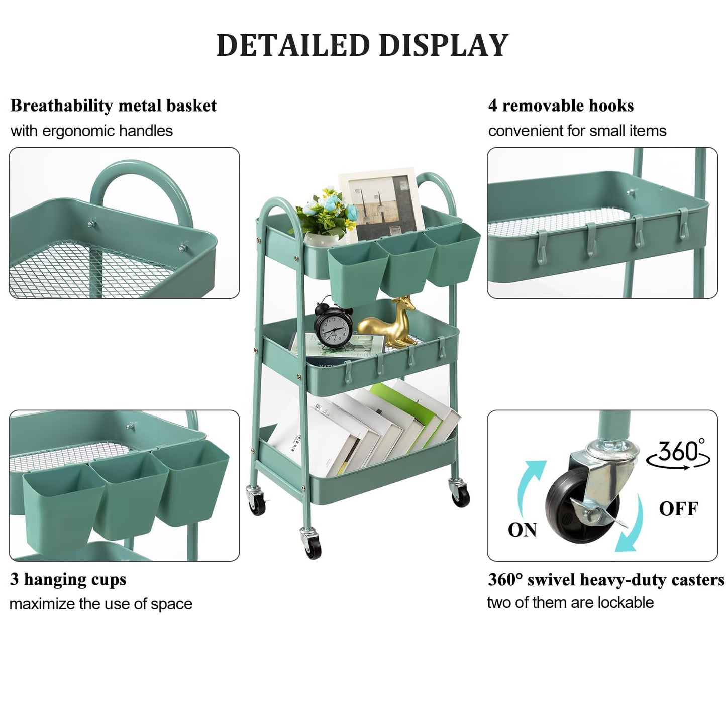 danpinera 3-Tier Rolling Cart, Utility Cart Mobile Metal Rolling Storage Cart with Lockable Wheels & Hanging Cups & Hooks for Kitchen, Bathroom, Office, Workshop, Green