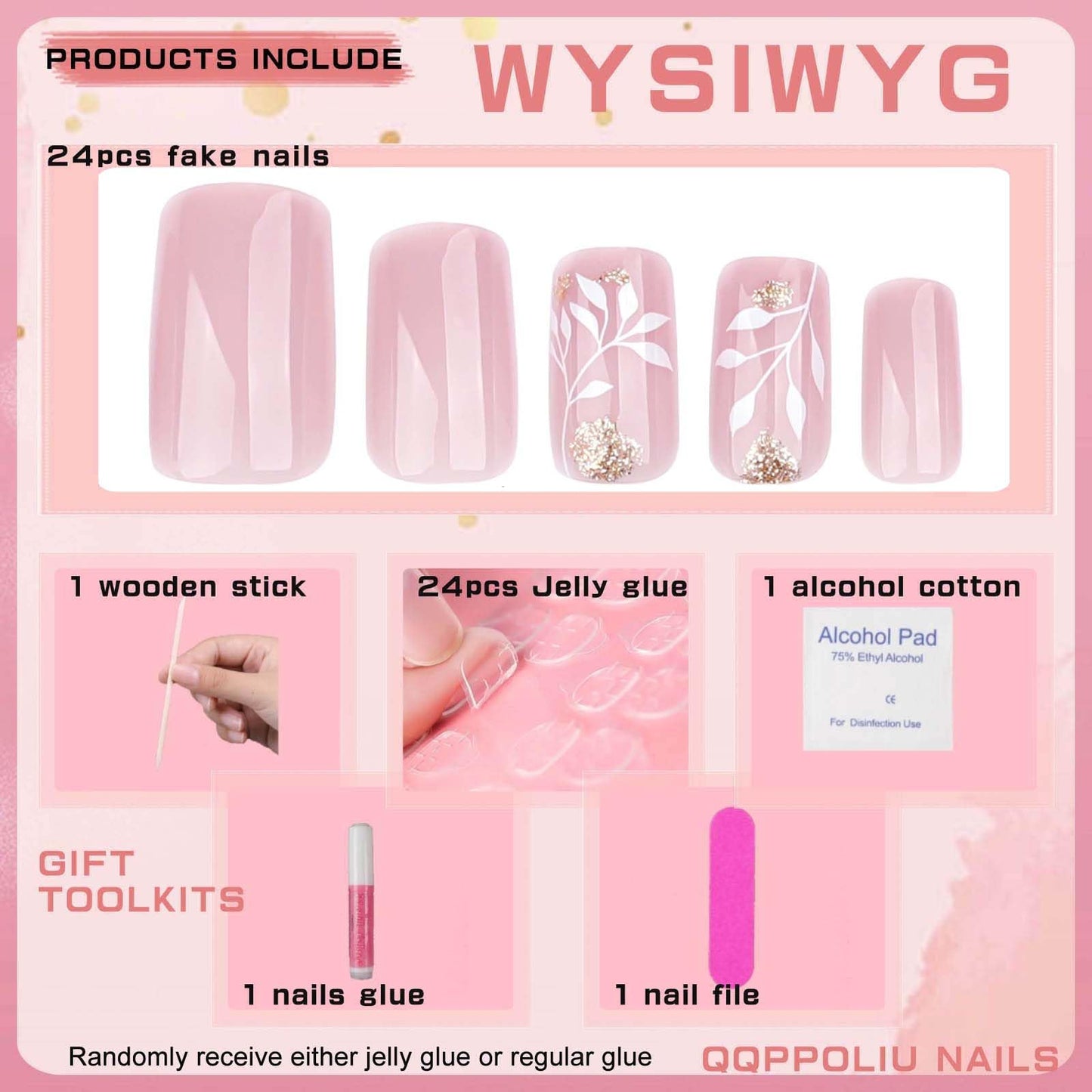 QQPPOLIU Pink Press-on False Nails,Square Glue-on Nails with Leaf Design,Short Stick-on Nails for Women and Girls