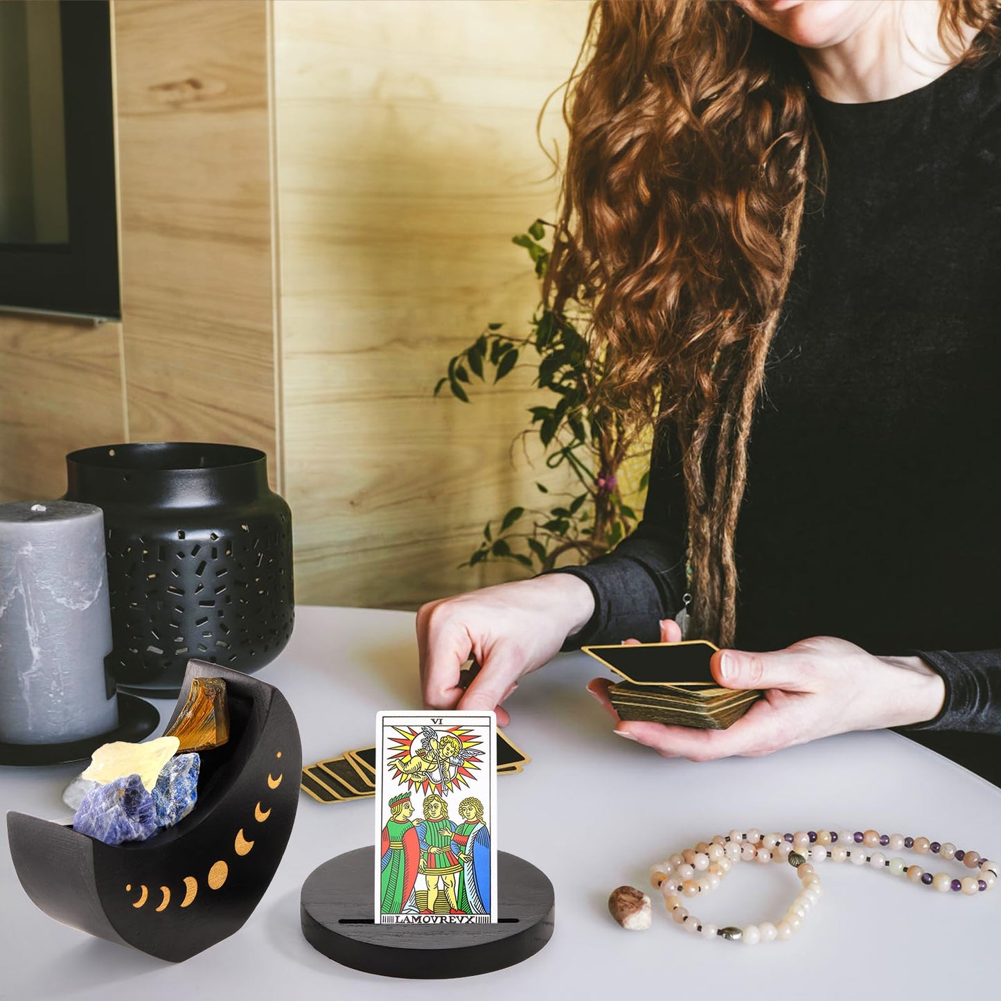 Eorbow Tarot Deck Holder with Moon Shape Case, Wood Tarot Card Display Box Stand, Moon Phase Daily Oracle Card Organizer, Witchcraft Decor Supplies for Crystal Stone Storage
