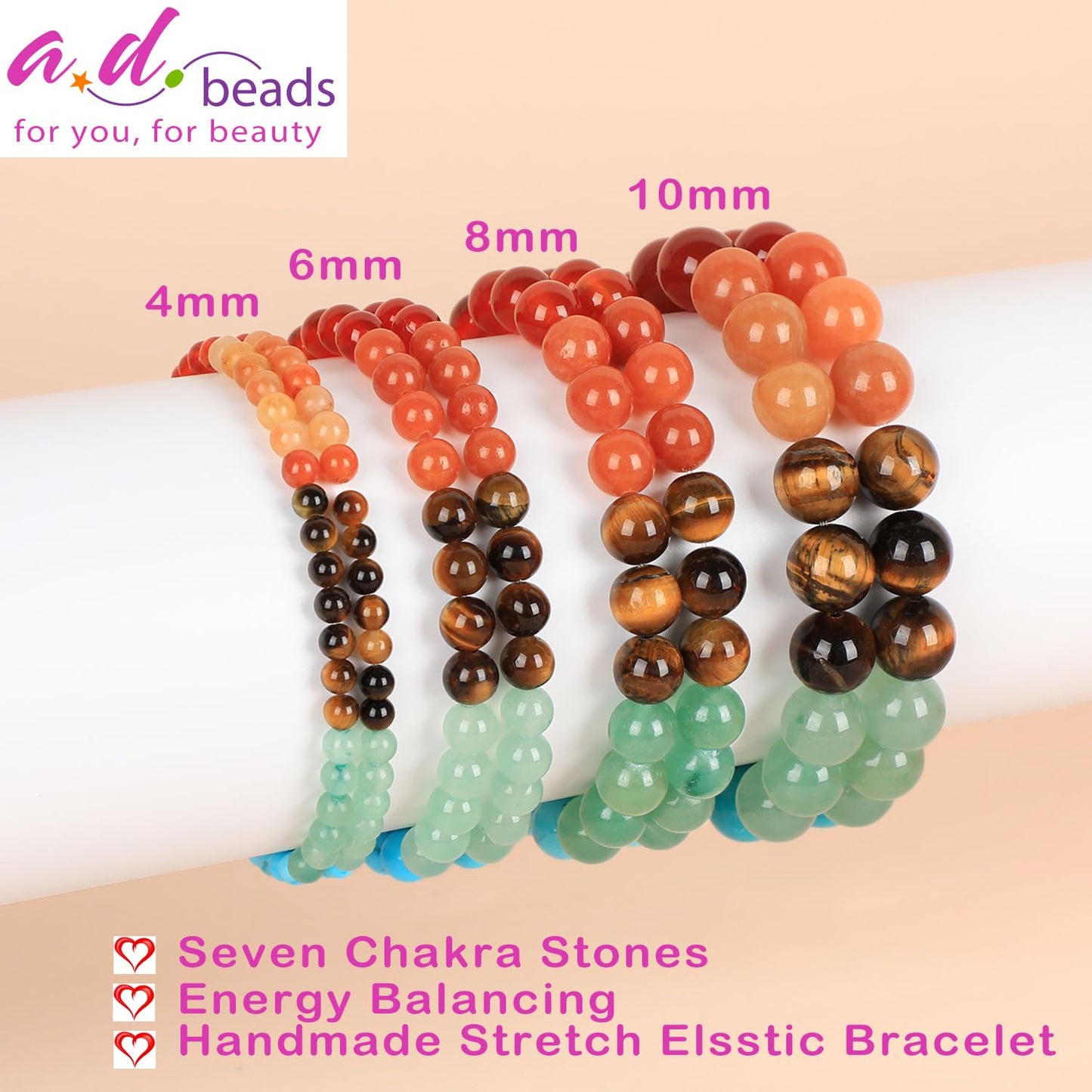 AD Beads Handmade Gemstone Stretch Elastic Bracelet Crystal Healing Reiki Nature's Beauty and Spiritual Essence Unisex (10mm, Seven Chakra Stones (Energy Balancing))