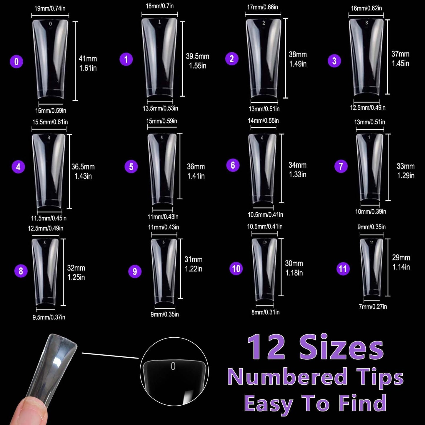 Laza 600pcs Long Duck Nail Tips 12 Sizes Box-packed Clear Duck Nails Half Cover Wide Nail Tips French False Nail Tips for Acrylic Nails Extension Tips — 41MM