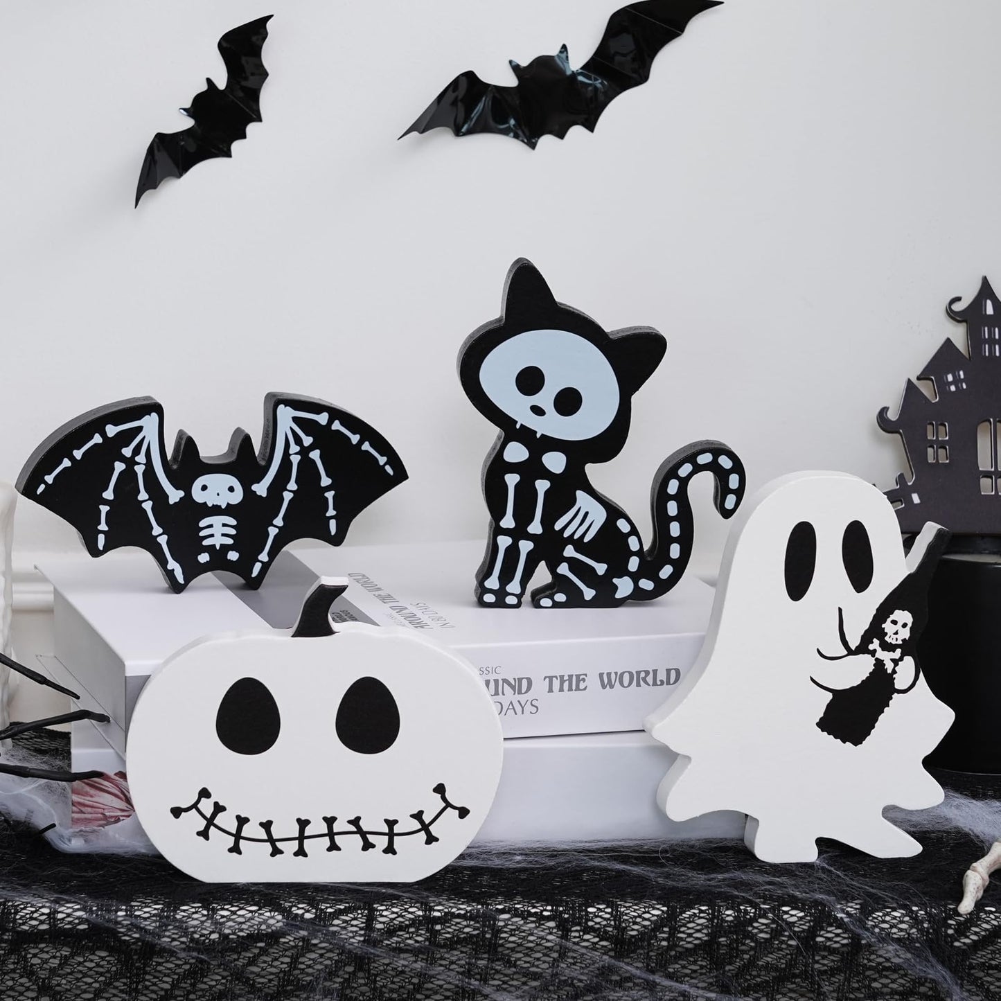 4PCS Halloween Decorations Indoor, Halloween Tiered Tray Decor Table Sign, Halloween Wooden Signs Ghost Bat Pumpkin Cat Blocks Signs, Table Decor Halloween Party Decorations for Mantle Home Shelf