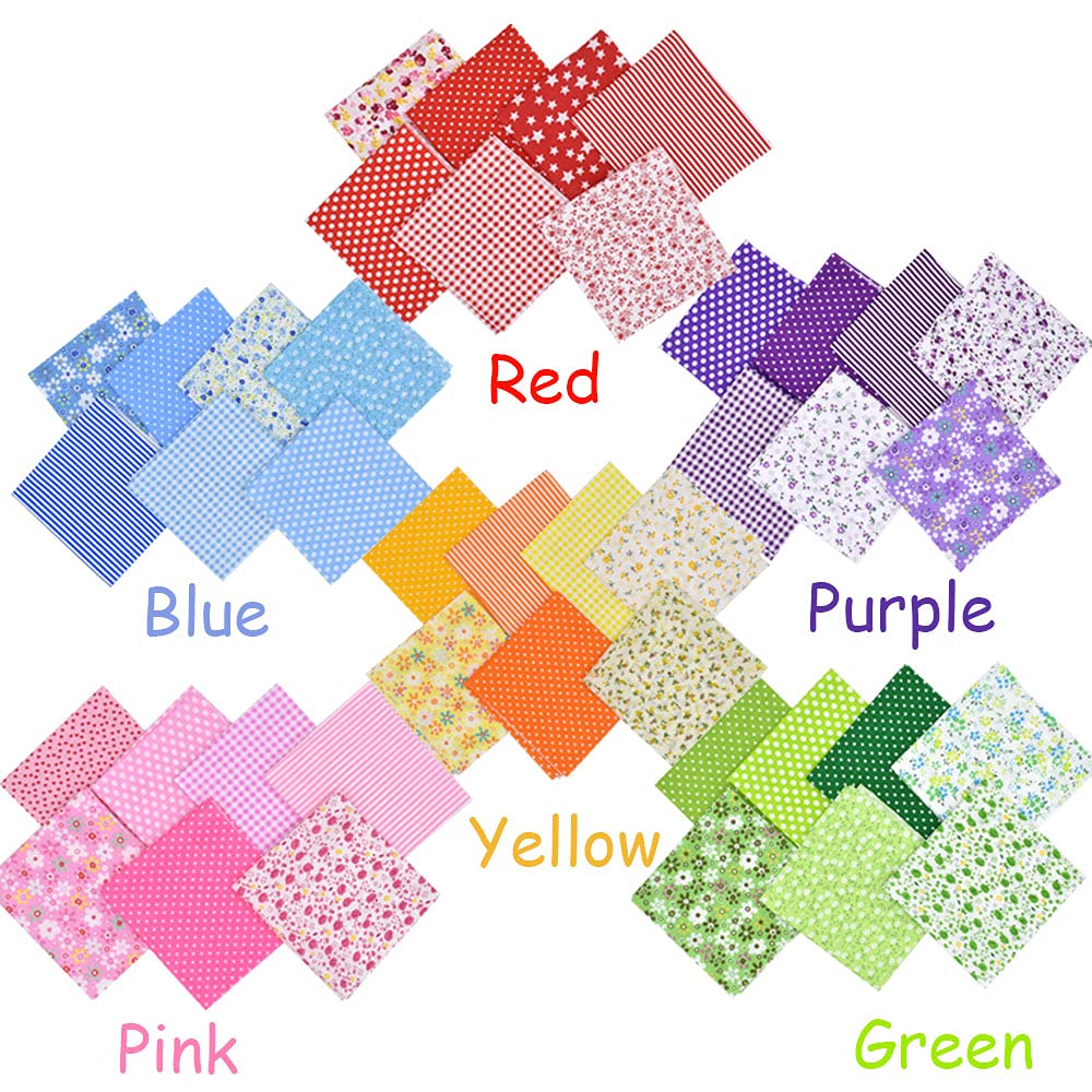 42Pcs 10"x10" Quilting Cotton Fabric Squares Sheets Pre-Cut Multi-Color Design Printed Floral Craft Fabric for DIY Sewing Scrapbooking Quilting Craft Patchwork (Red/Pink/Yellow/Green/Blue/Purple)