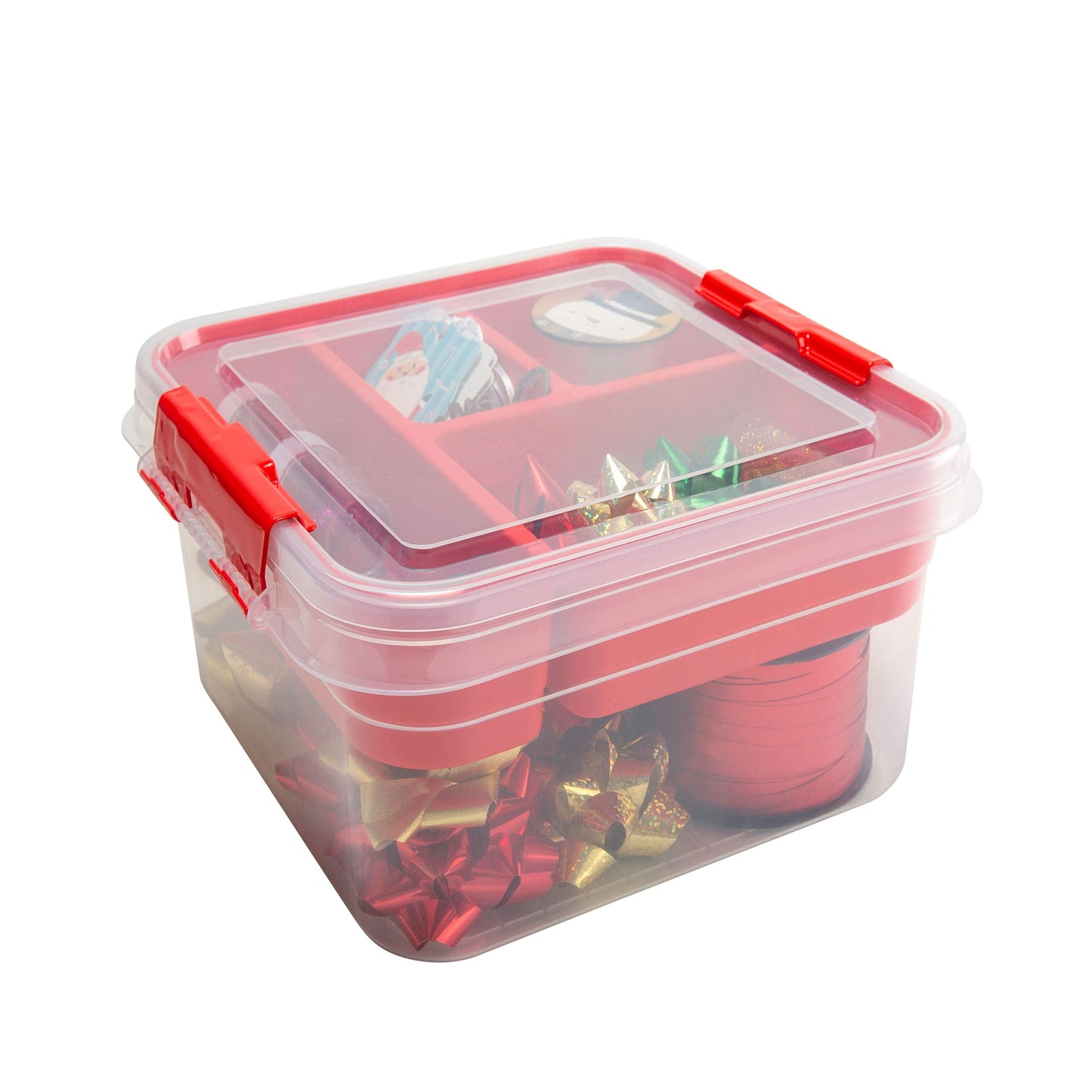 Simplify 5 Compartment Gift Supply Storage Box | 2 Tier Box | Red | Clear Top Lid | Dimensions: 9.5"x 9.5"x 4.5" | Snap Handle| Storage | Wrapping Accessories