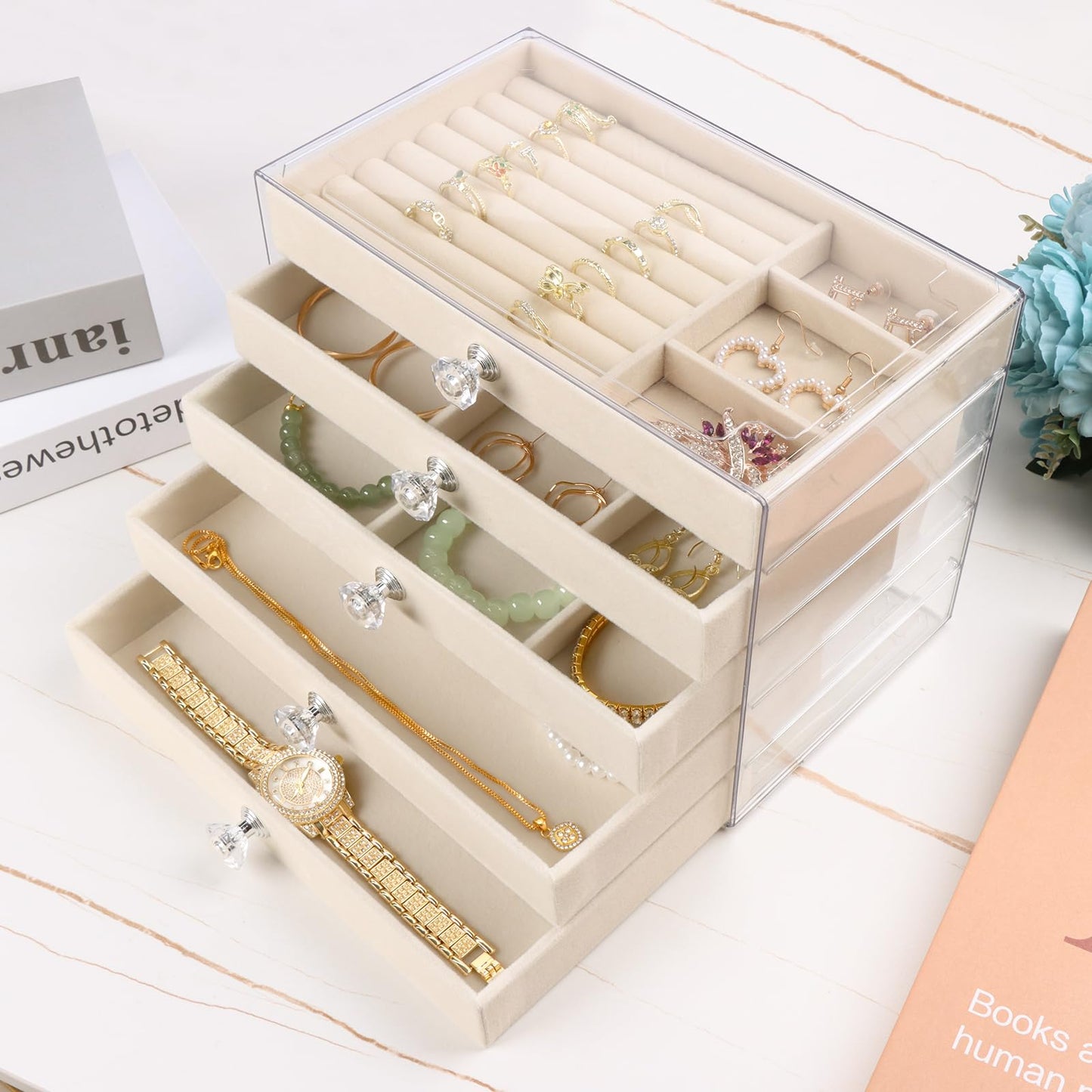 Hyber&Cara Luxury Acrylic Jewelry Box Organizer - 5 Drawers Velvet Lined Clear Stackable Storage for Earrings Necklaces Rings Bracelets Elegant Beige Dresser Top Vanity Display