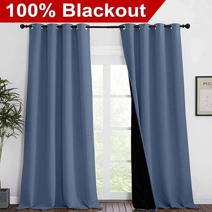 NICETOWN Cold Reducing Curtains, 100% Sun Blocking Curtains, Sound Proof Drapes with Black Backing, Full Light Blocking Panels for Patio Sliding Door (Stone Blue, 1 Pair, 55 inches x 102 inches)