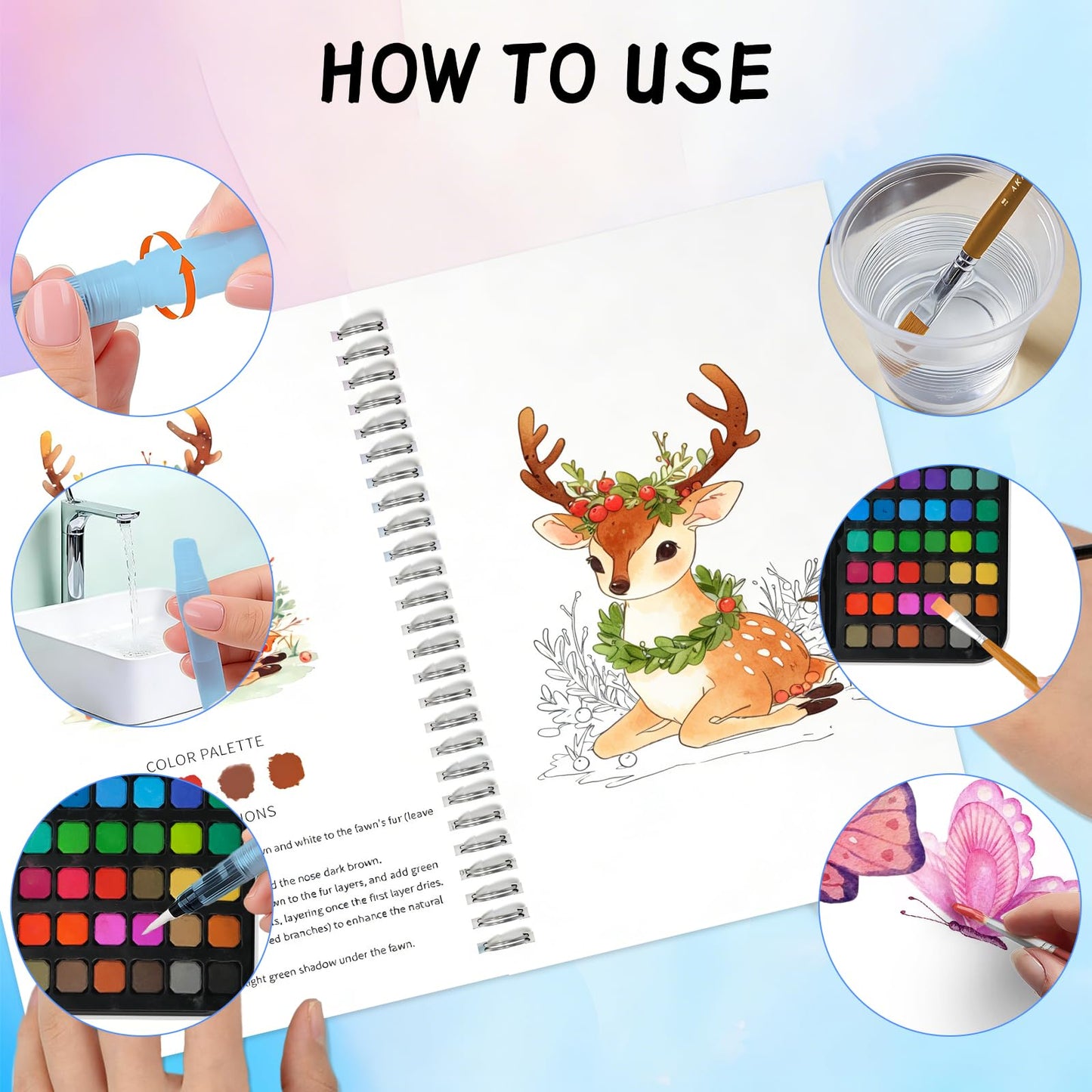 Watercolor Kit for Adults Beginners - 48 Colors Paint Set with 3 Workbooks & 3 Brushes, Step by Step Painting Guide, Create 30 Pictures in 30 Mins, All-in-One Art Supplies Gift