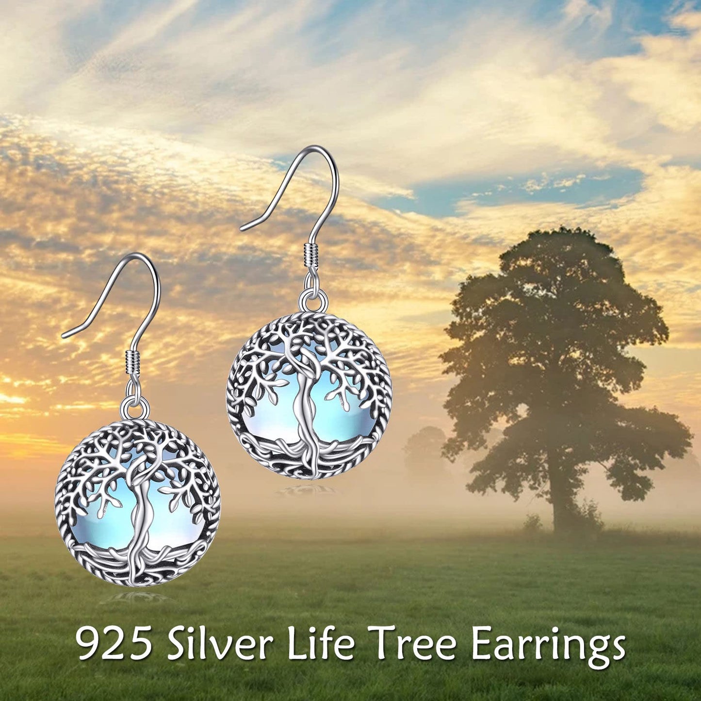 ONEFINITY Moonstone Tree of Life Sterling Silver Dangle Drop Earrings