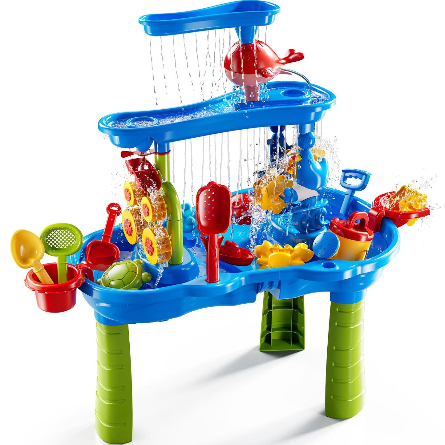 DULONIME 3-Tier Sand and Water Activity Table for Kids 3-8, Sensory Play Table with Waterfall Design & Beach Toy Set, Outdoor Backyard Playset for Toddlers 2-6, Great Birthday Present