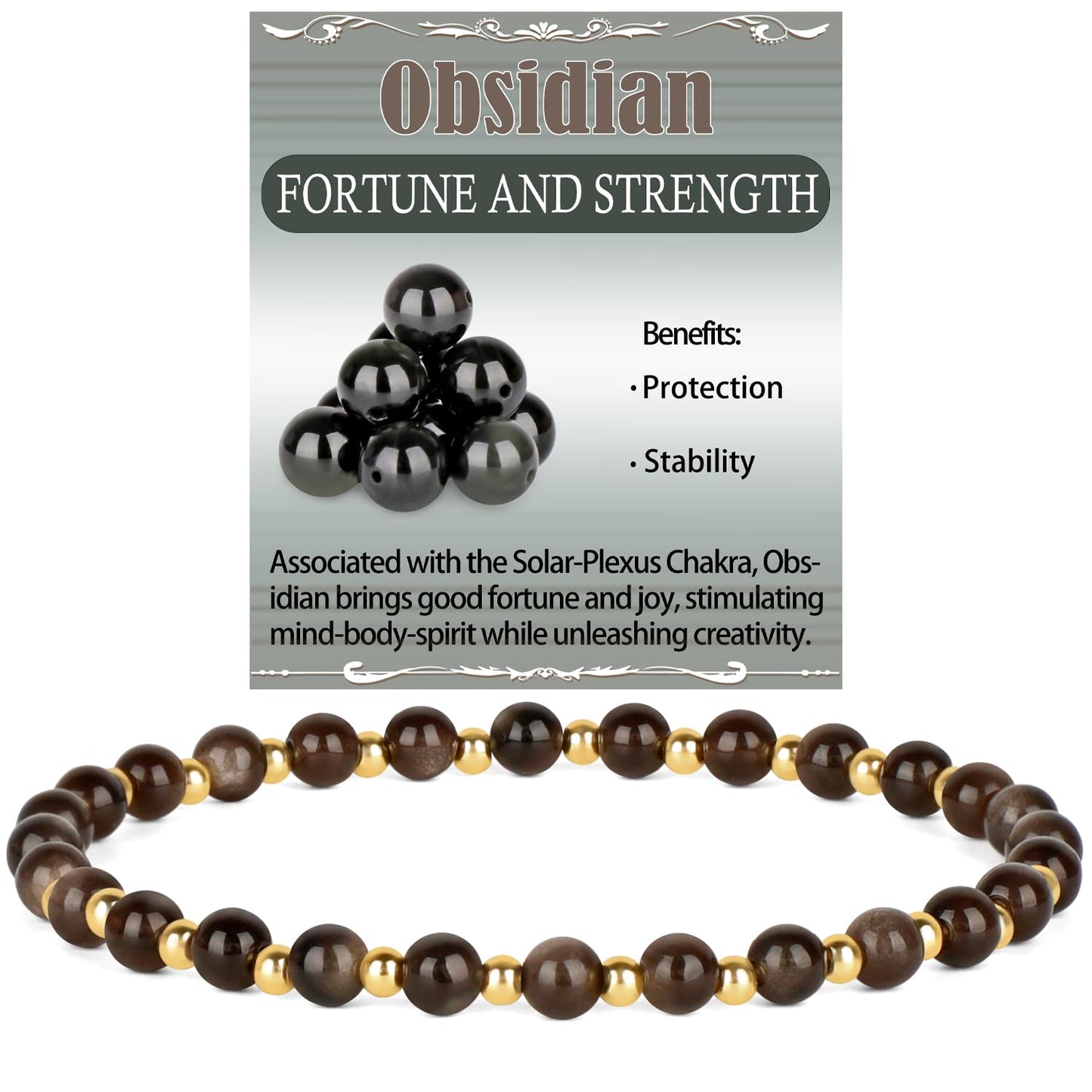 QOGIR Silver Obsidian - Fortune and Strength - 14K Gold Plated Beads Natural Gemstone Stretch Elastic Dainty Healing Beaded Bracelets Gifts 4mm