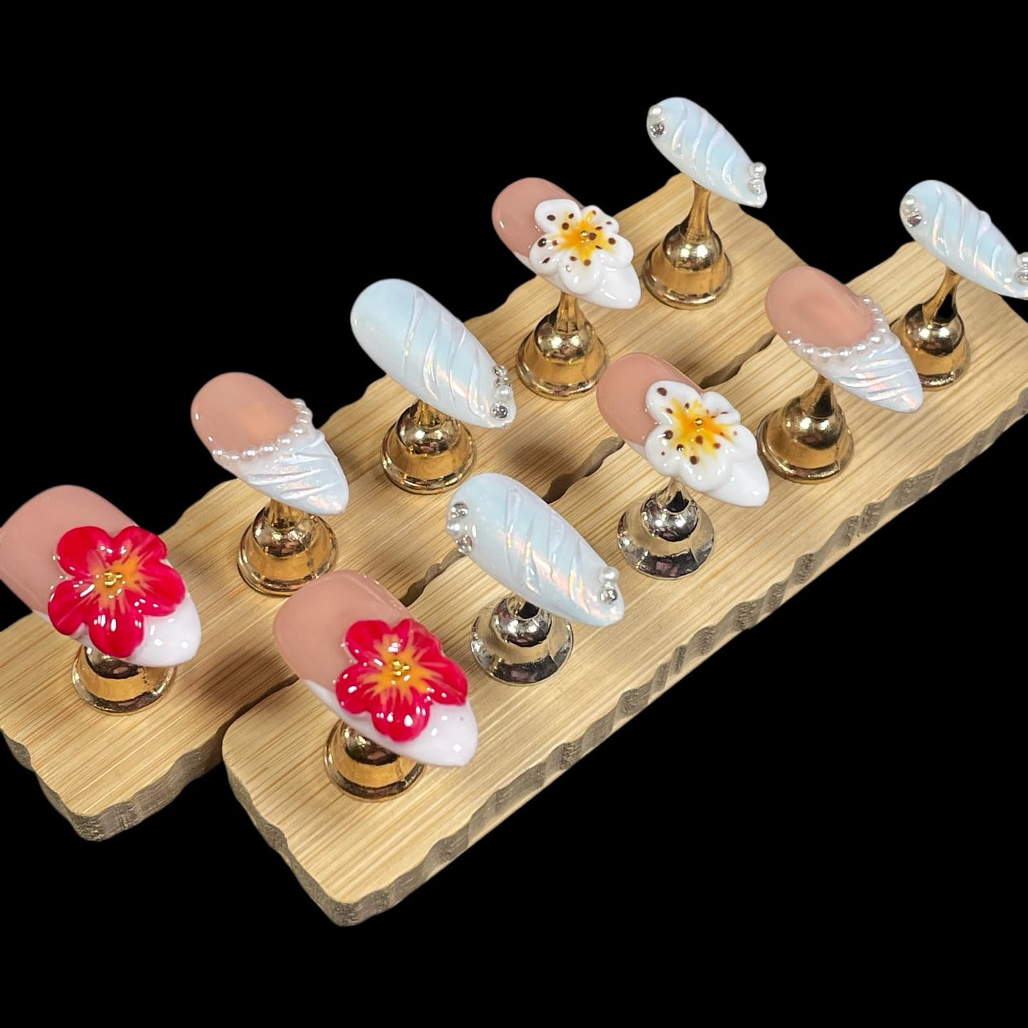 Handmade Press on Nails 3D Floral & Pearls - Medium Almond Fake Nails AuroraI White | Red/White Bloom Duo | Reusable Acrylic French Tip False Nails (Opal Flame, L)