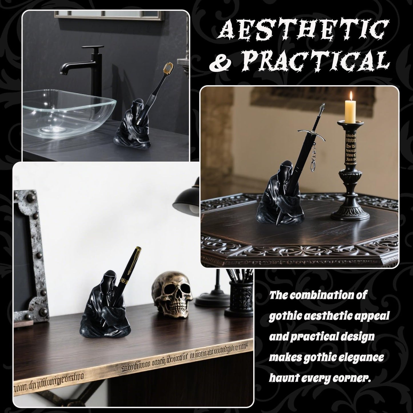 Gothic Home Decor Grim Reaper Statue Bathroom Halloween Decor Toothbrush Holders for Bathrooms Goth Pen Display Stand