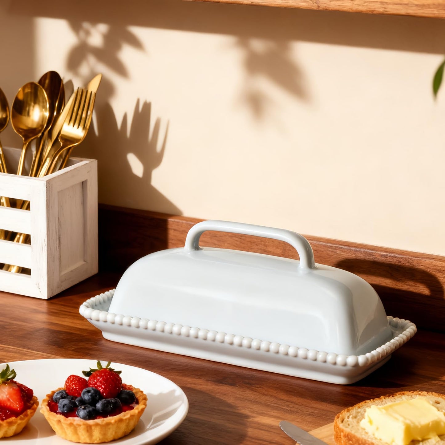 White Ceramic Butter Dish with Lid-Vintage Pearl Embossed Edge & Large Arc Handle-Keeps Butter Fresh on Countertop or in Fridge-Dishwasher & Microwave Safe