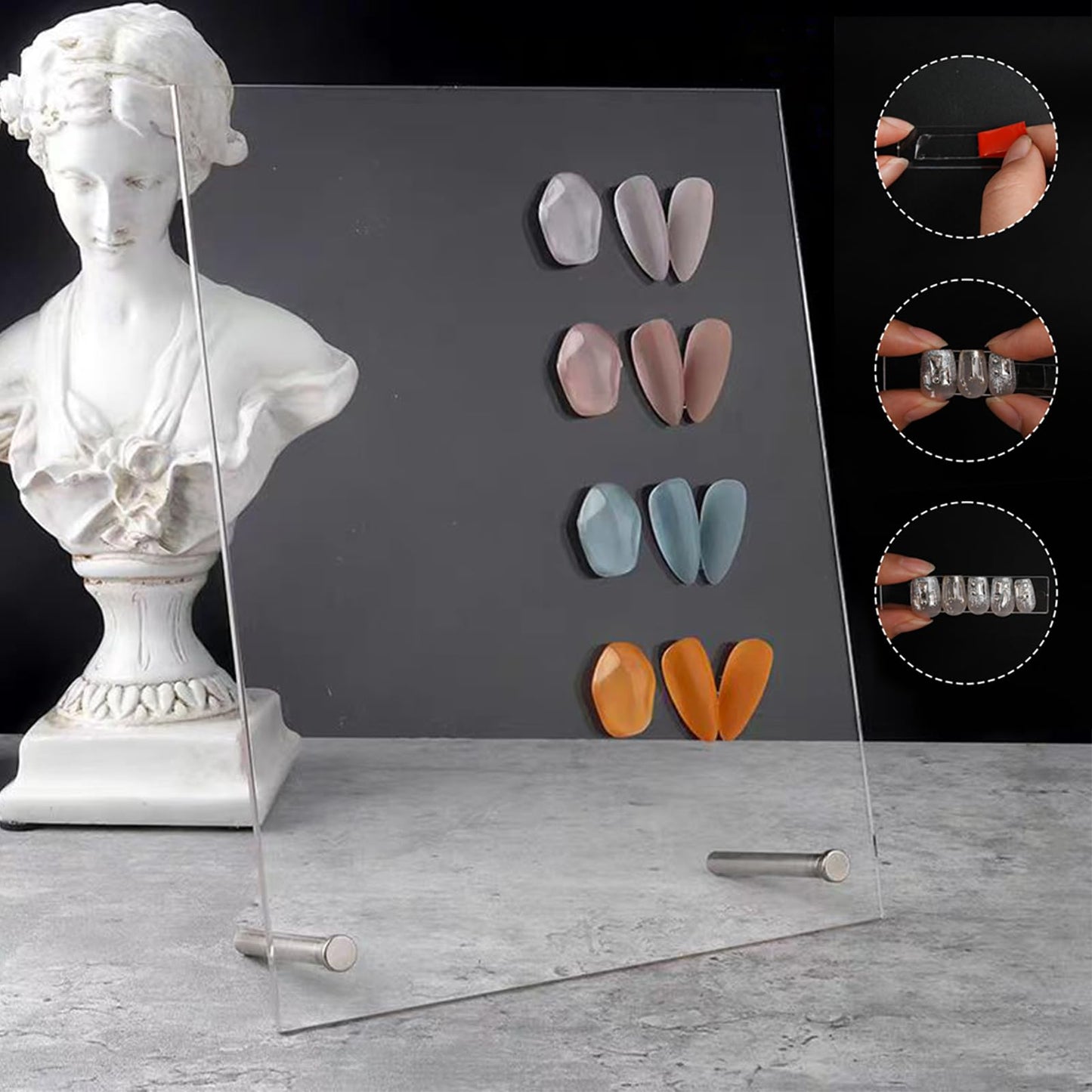 HLQHXWHZT Nail Art Display Board, Acrylic False Nail Tips Sample Display Nails Colors Sample Display Stand with 50pcs Small Display tips and double side tape for Salon Nails Art Practice (2pcs large)