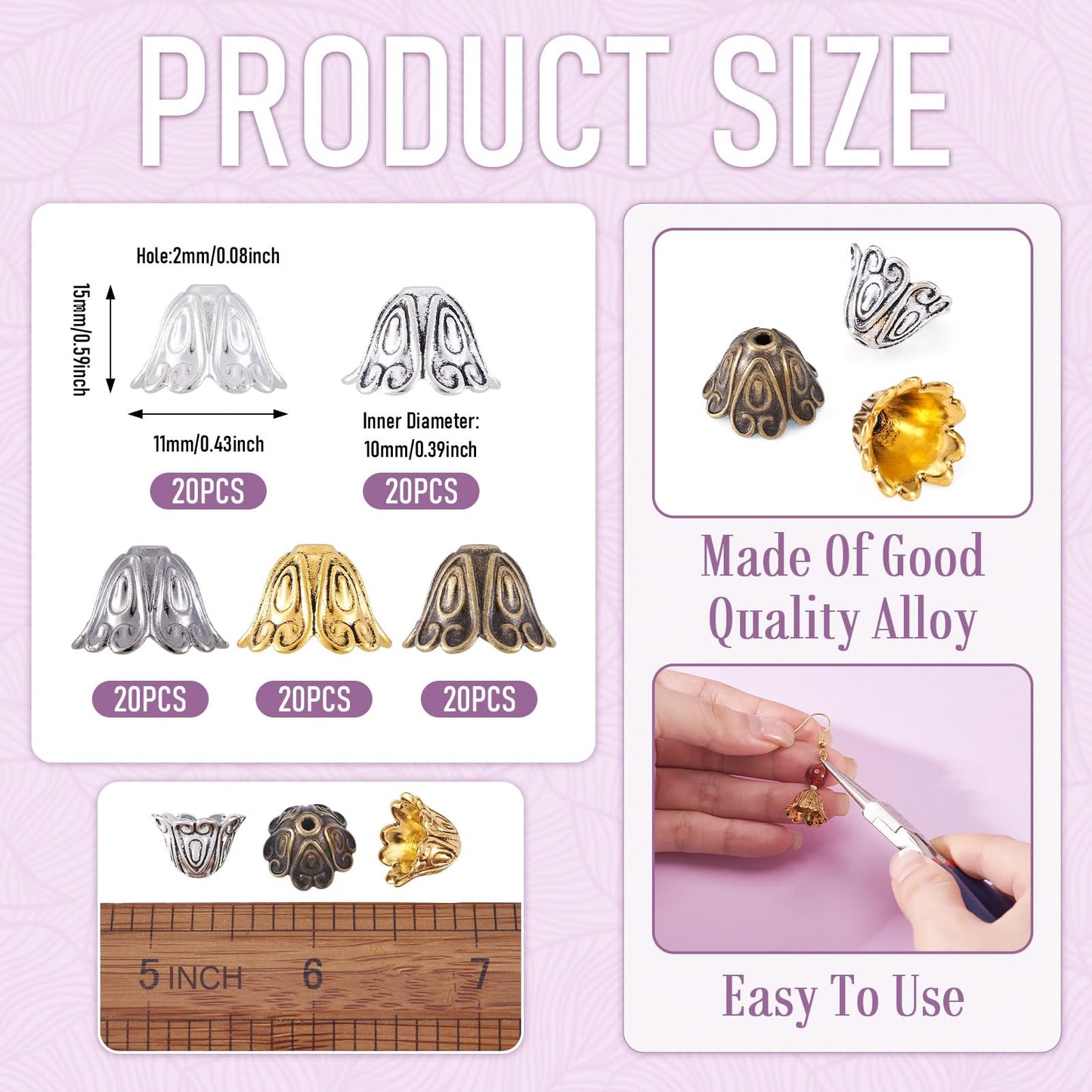 EEE ELECRELIVE 100Pcs Flower Cone Bead Caps 5 Colors Floral Tassel Earring Bead Caps 15mm Antique Style Metal End Beads for Tassel Earring Bracelet Jewelry Making Supplies