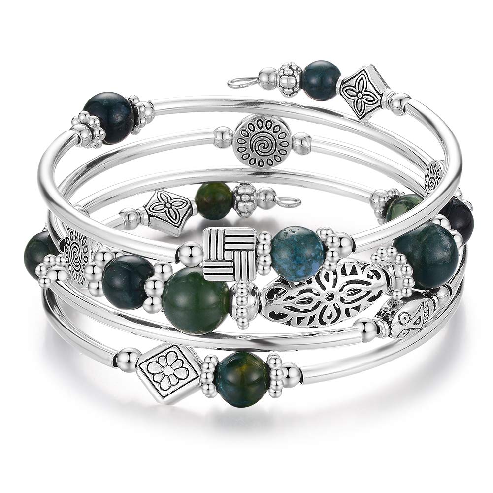 BULINLIN Layered Wrap Bangle Turquoise Bracelet - Bead Bracelet with Natural Agate Stone, Gifts For Women (09-Dark green)