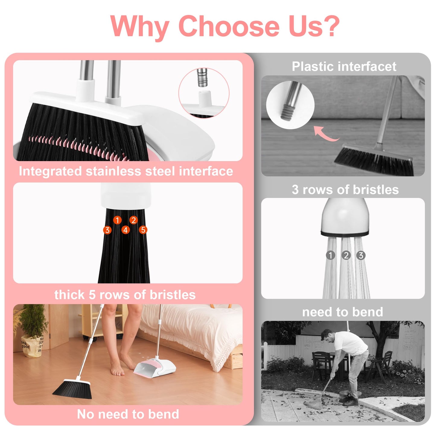 Broom with Dustpan Combo Set for Home 52-in Long Adjustable Handle Angle Broom and Dustpan Set with Dustpan Comb Teeth for Sweeping Pet Hair Food Dirt Kitchen