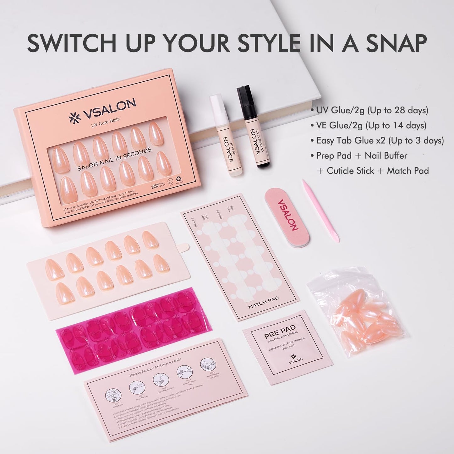VSALON Short Almond Press On Nails, Pink Shimmer Neutral Fake Nails With UV Cure Glue, Glossy Glazed Opaque Spring Summer Stick On Nails False Nails - 32 Pcs 16 Sizes