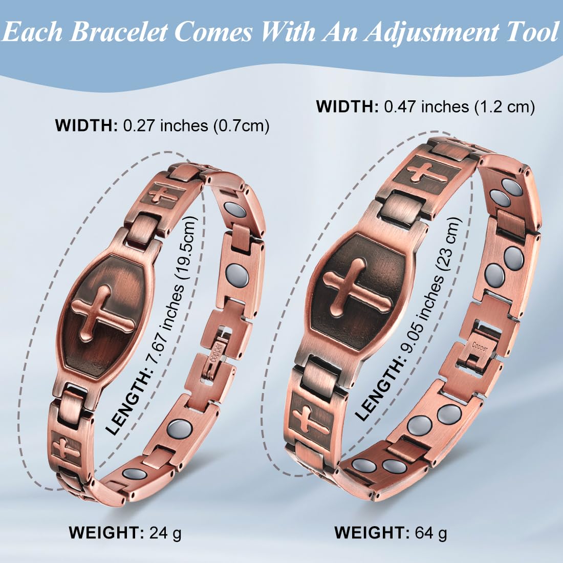 Vicmag 2PCS Men Copper Magnetic Bracelets for Couple Double Row 99.9% Solid Pure Copper Cross Bracelet Gift with Adjustment Tool