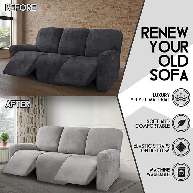 ULTICOR Velvet 8-Pieces Recliner Sofa Covers Stretch Reclining Couch Covers for 3 Cushion Reclining Sofa Slipcovers Furniture Covers Thick Soft Washable (3 Seater Recliner Cover, Light Grey)