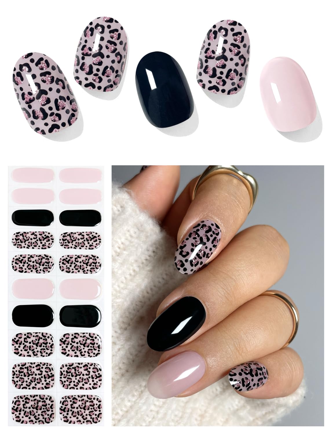 AutyaMee Semi Cured Gel Nail Strips (Pink Leopard), Purple, 20 Pcs Gel Nail Wraps, Stickers, Salon Quality, Long Lasting, Works with Any UV Lamps