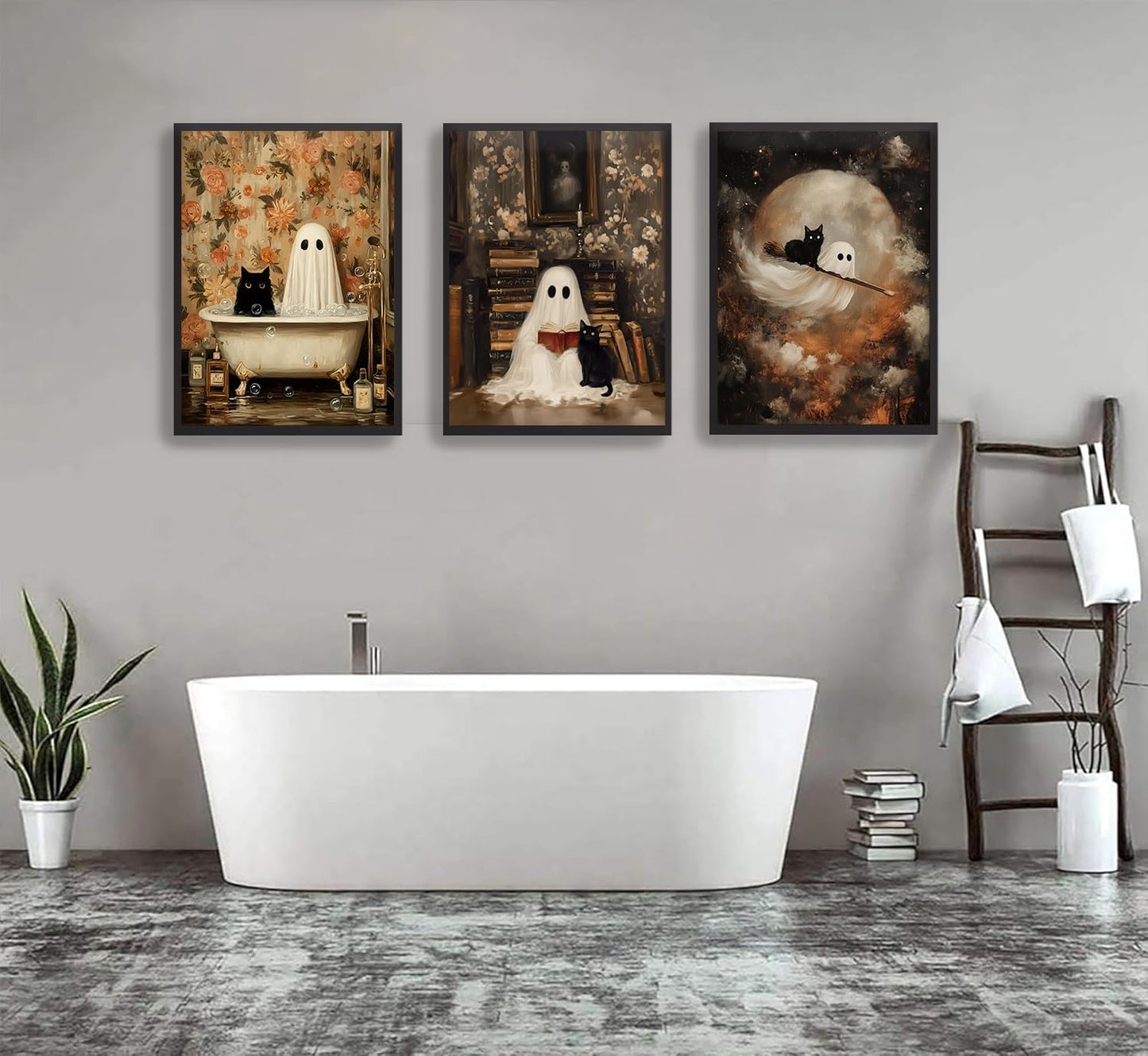 3Pcs Halloween Ghost Wall Art Funny Gothic Moody Ghosts and Black Cat Painting Picture Wall Decor Reading Horror Dark Academia Poster Print Artwork for Bathroom Livingroom Home Decoration noframe