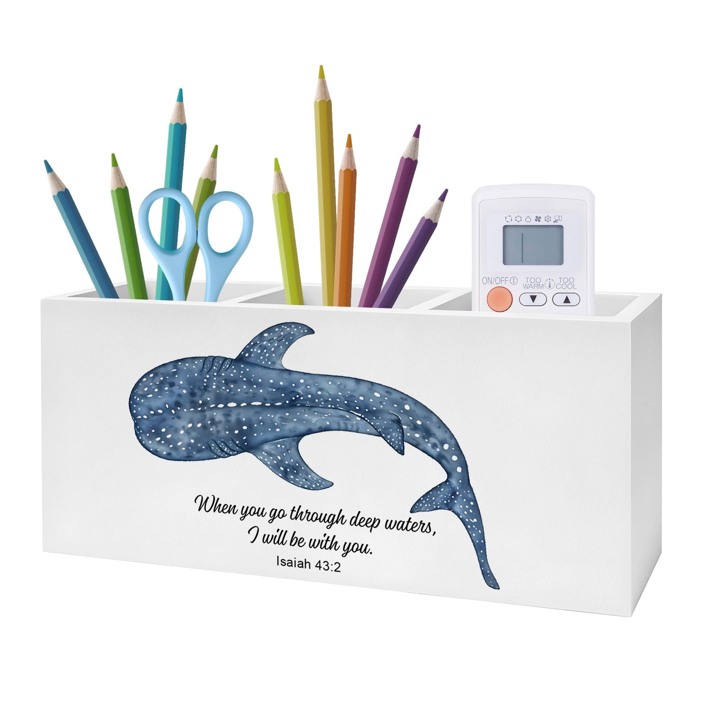 Exqcom Whale Shark Bible Verses Pen Pencil Holder, Inspirational Christian Desk Decor, When You Go Through Deep Waters Scripture Pencil Pen Holder Organizer for Home Office Desk Accessories
