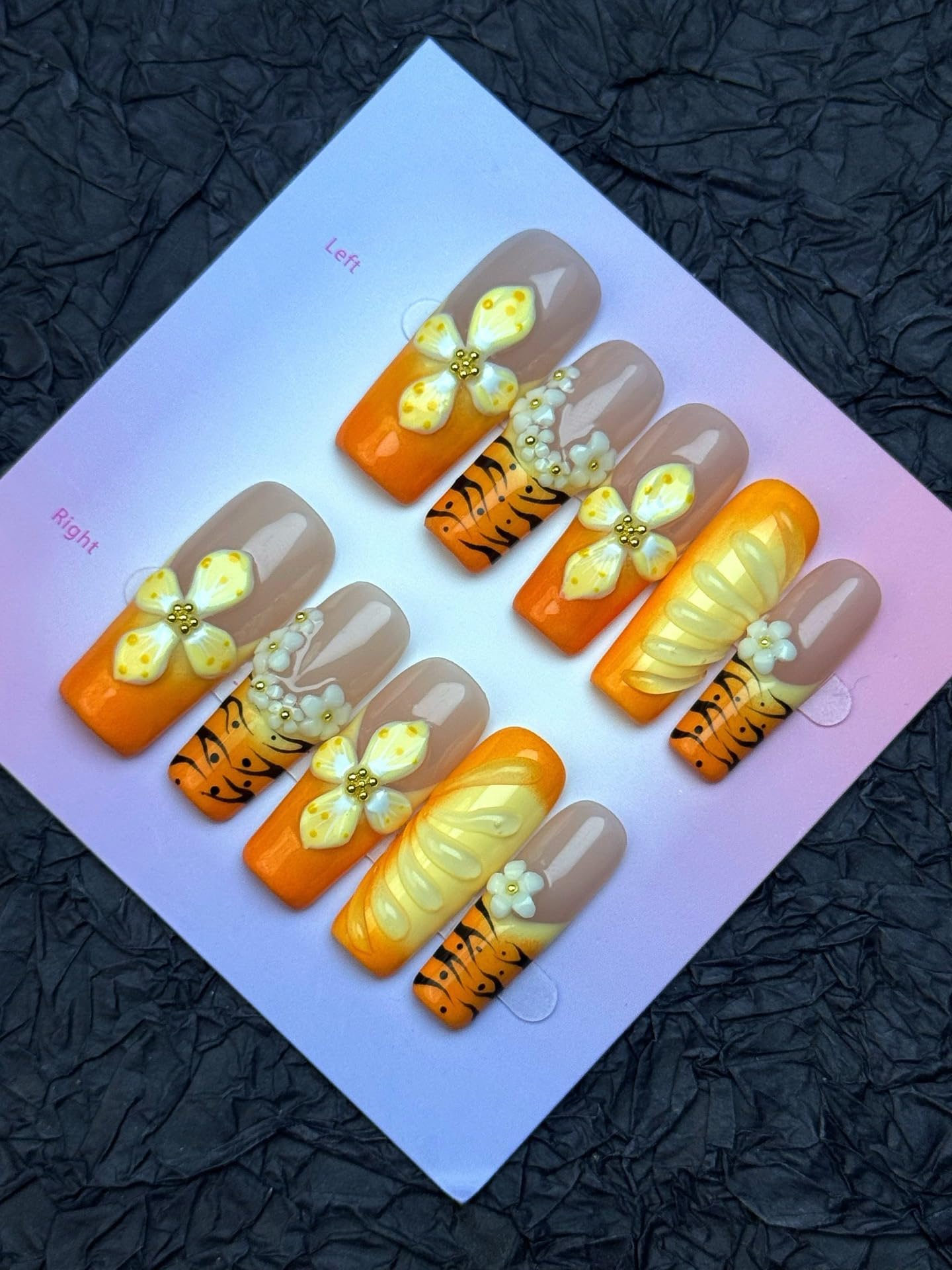 100% 5D Handmade Press on Nails Long Square Nails Press ons Ombre Leopard Orange French Tips False Nails Yellow Flower Waterdrop Press on Nails for Women Girls Daily Wear DIY Manicure Size L