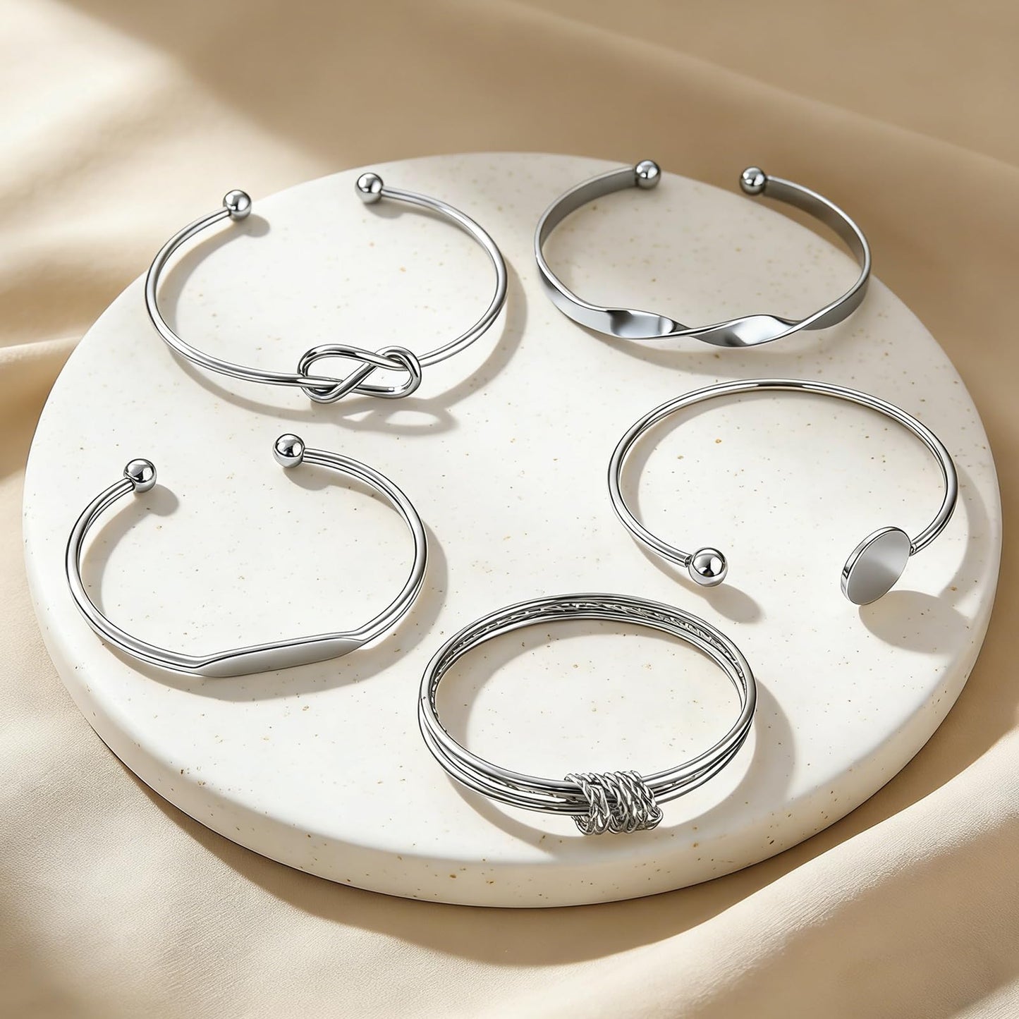 VEINARDYL Silver Bracelets set for Women, Silver Plated Bangles Cuff Bracelets Stack, Open Adjustable Bangles Fashion Accessories Jewelry Set for Gifts Birthday Valentines Day