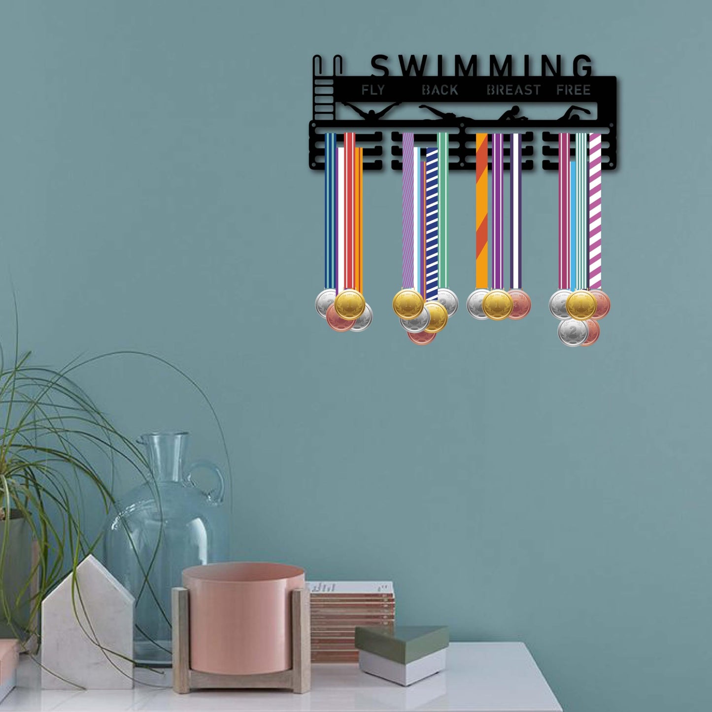 CREATCABIN Swimming Medal Holder Hanger Black Metal Iron Medal Rack Organizer Medal Stand Frame Hanging Over 60 Medals Wall Mounted Hanger for Dancer Ballet Runner 15.7 x 6Inch-Fly Back Breast Free