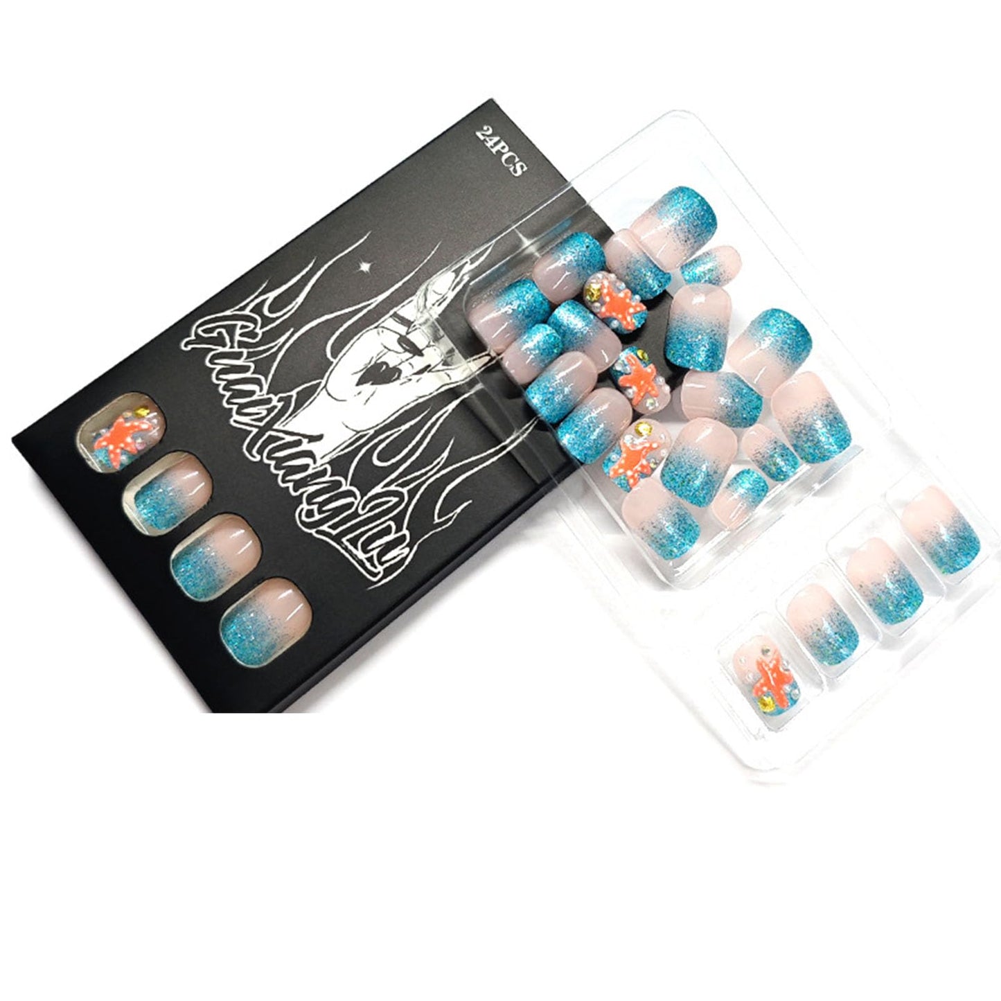 Glitter Press on Nails Short Square Fake Nails with Shell Starfish Pearl Rhinestones Designs Nails Press ons Blue Nude Ombre Glue on Nails Cute Artificial Nails Summer Stick on Nails for Women 24Pcs