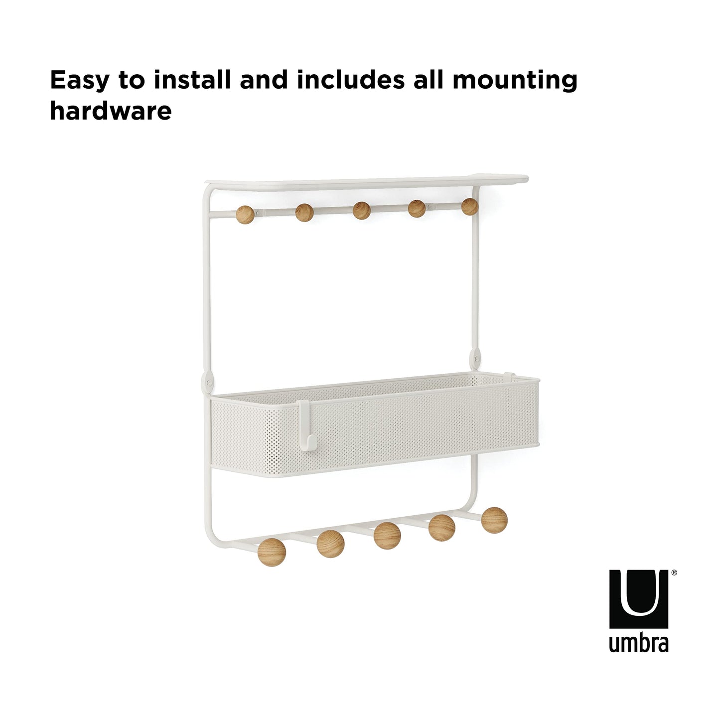 Umbra Estique Entryway Organizer Storage Solution with Cubby Bin, Shelf and Hooks for Keys, Mail, Glasses, Wallet, Purse, Hat, and More, White