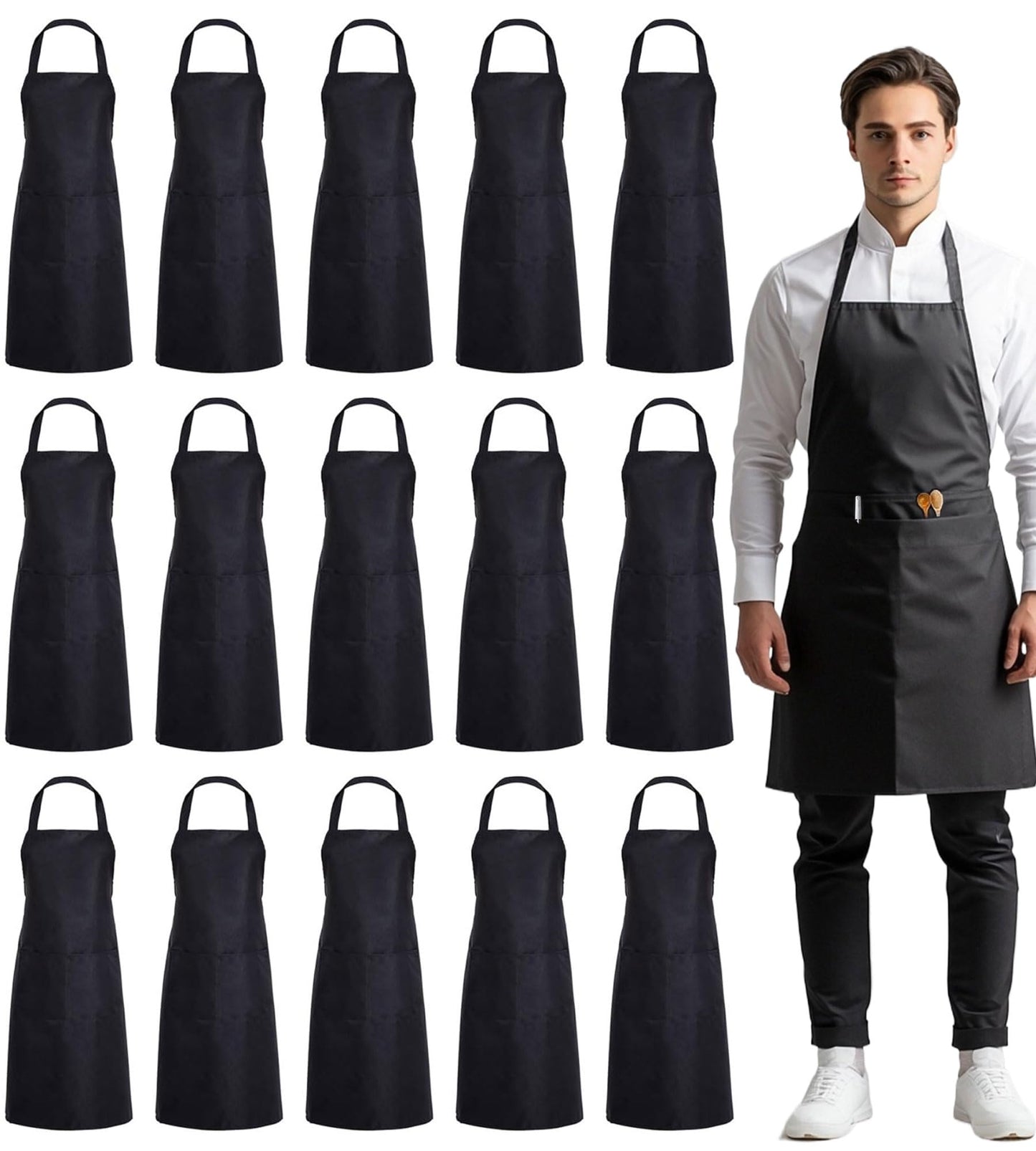 Blueash 16 Pack Bib Apron, Unisex Aprons Adjustable Waterdrop Resistant with 2 Pockets Cooking Kitchen Apron for Chef
