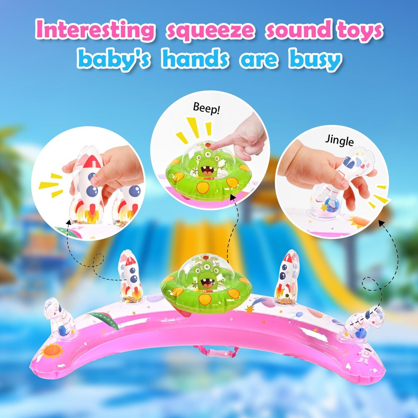 Baby Pool Float with Canopy UPF50+ Sun Protection, Inflatable Infant Pool Float with Adjustable Safety Seat & Toy Play Console，Baby Floatie for 6-36 Months Boys & Girls，Safety Handles & Leashes（Pink）
