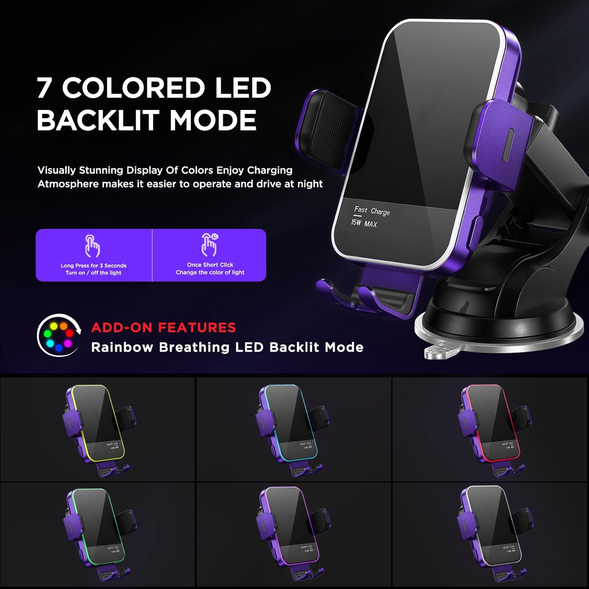 Wireless Car Charger,【7 Colored RGB Backlit】15W Auto Clamping Car Charger Phone Mount Holder for iPhone 16 15 14 13 12 Mini Pro Max 11, Samsung Galaxy S24 Ultra S23 S22 S21+ S10+ Note 20, etc - Purple