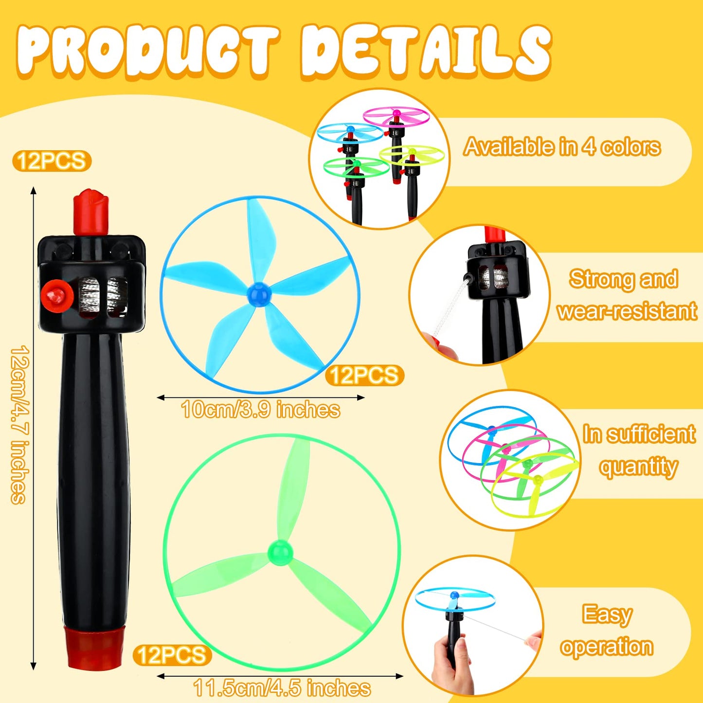 Meooeck Disk Helicopter Toy Disco Flyers Include 12 String Launchers and 24 Flying Saucer Disk Launcher Toy Fly Toys for Outdoor Activity Little Teens Birthday Party Favors(36 Pcs)
