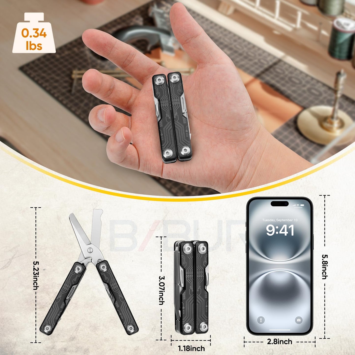 BIBURY Mini Keychain Multitool Scissors B12062B, 9 in 1 Multitool EDC Scissors with Screwdriver, Bottle Opener, Pocket Knife, Spring -Mini Multi Tool for Outdoor, Daily Use, Gifts for Men and Women