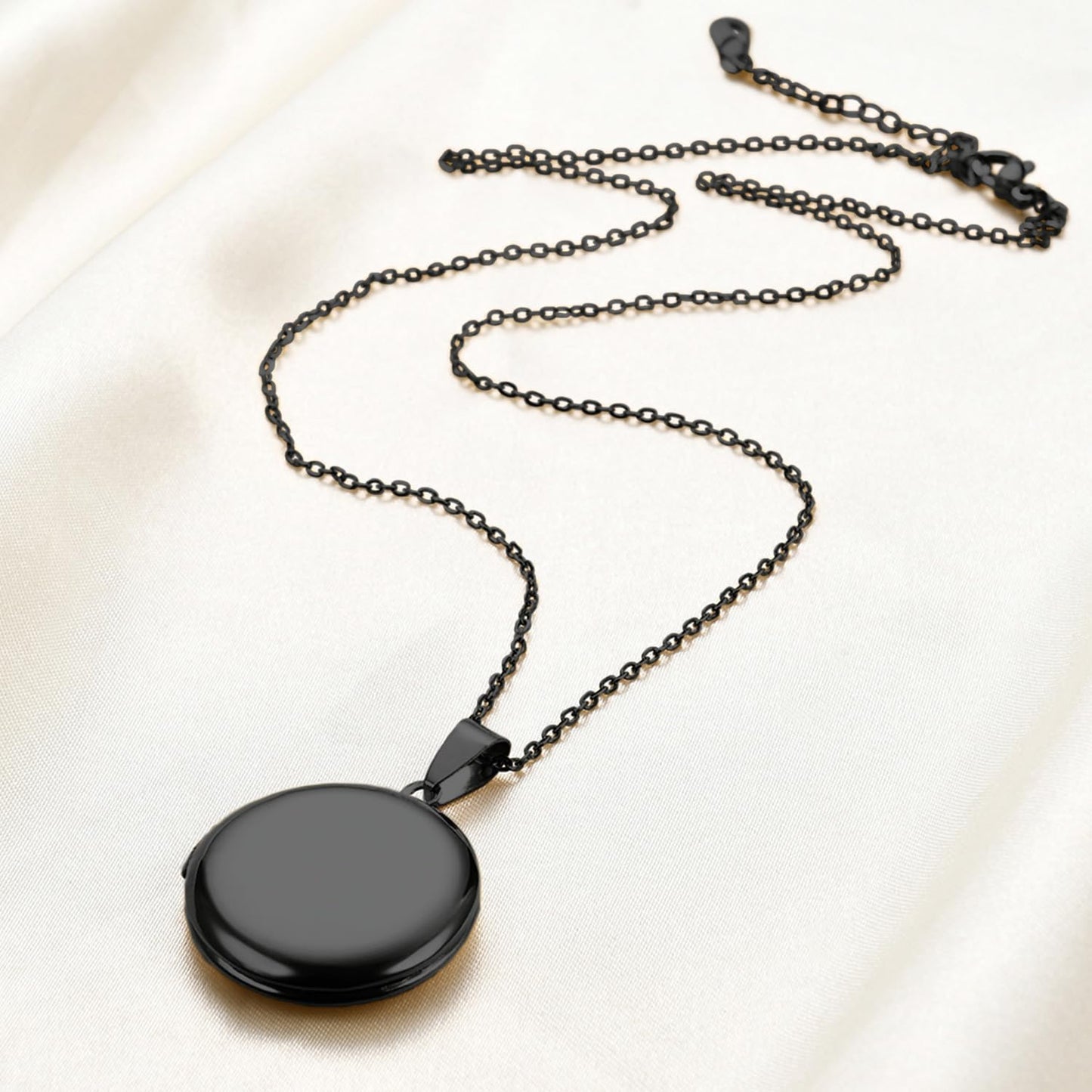 PHOCKSIN Glossy Black Lockets Round Personalized Locket Necklace Custom Photo Lockets for Women Picture Locket Necklaces withe Text Engraved Customized Gifts for Women